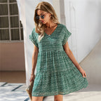 Women Ruffle Loose Short Dress Summer Chiffon Dress - Green / L - Dresses