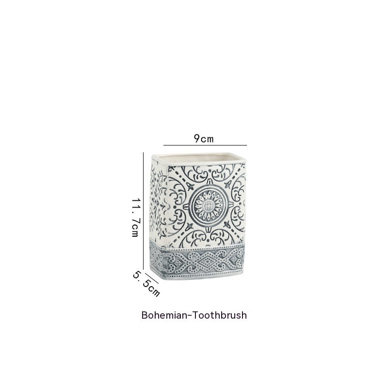 Bohemian Style Ceramic Sanitary Ware Sets - Square Lotion Bottle Gargle Cup Toothbrush Holder - Toothbrush - Bathroom