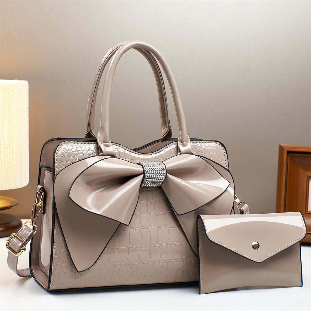 Fashionable Crocodile-Print Bow Bucket Bag Patent Leather Glossy Crossbody Bag - Khaki - Bags Backpacks & Luggage