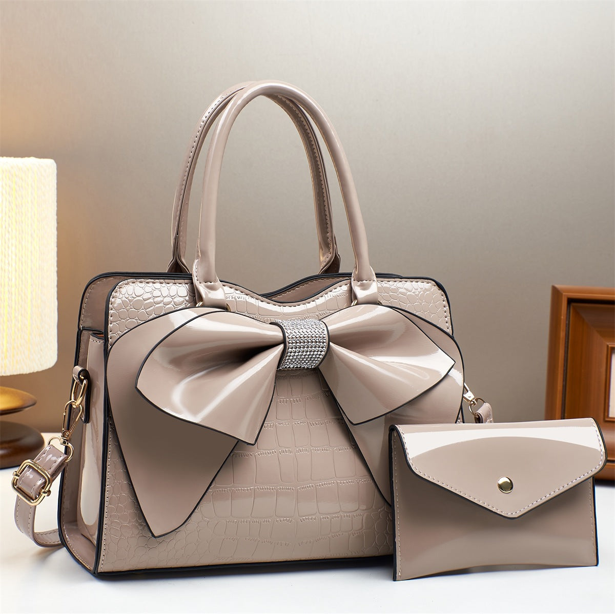 Fashionable Crocodile-Print Bow Bucket Bag Patent Leather Glossy Crossbody Bag - Khaki - Bags Backpacks & Luggage