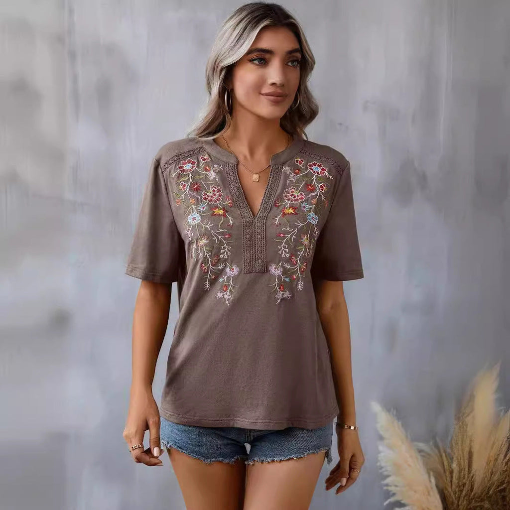 Fashion Flower Embroidered Lace-collared Short Sleeve Summer T-Shirt - Womens Blouses & T-Shirts