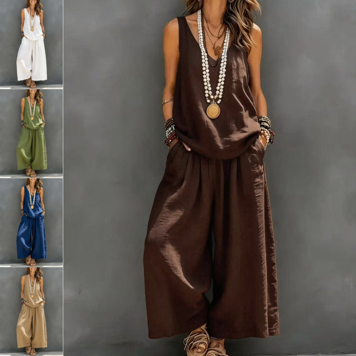 Womens Solid-Colored Casual Sleeveless Tank Top And Wide-Leg Pants Cotton-Linen Set For Daily Wear Holiday Outfit Hauptbild