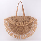 Semi-circular Tassel Straw Shoulder Bag With Tassels And Paper Trim - Camel - Bags Backpacks & Luggage