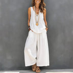 Womens Solid-Colored Casual Sleeveless Tank Top And Wide-Leg Pants Cotton-Linen Set For Daily Wear Holiday Outfit
