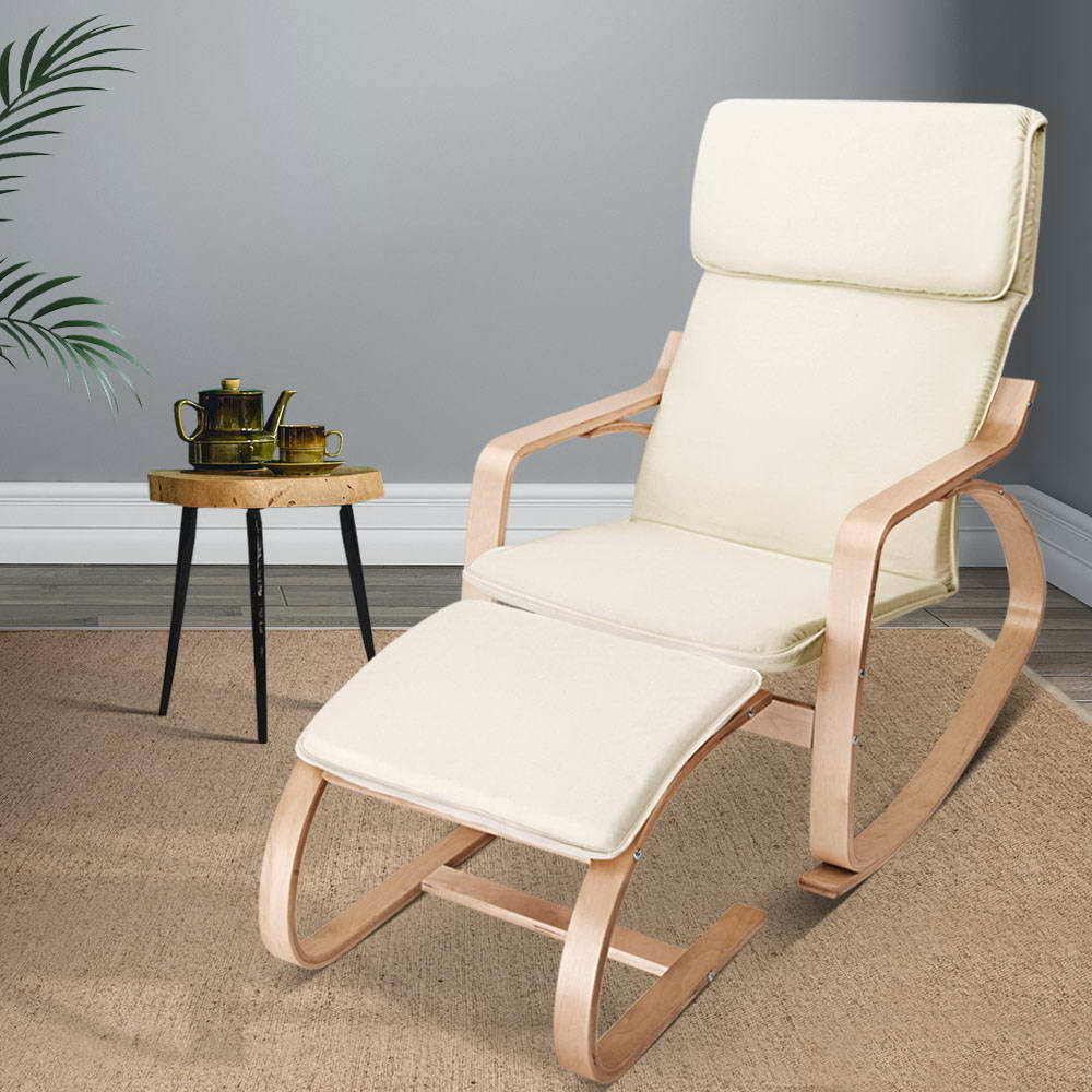 Artiss Rocking Armchair Footstool Bentwood Beige Main image