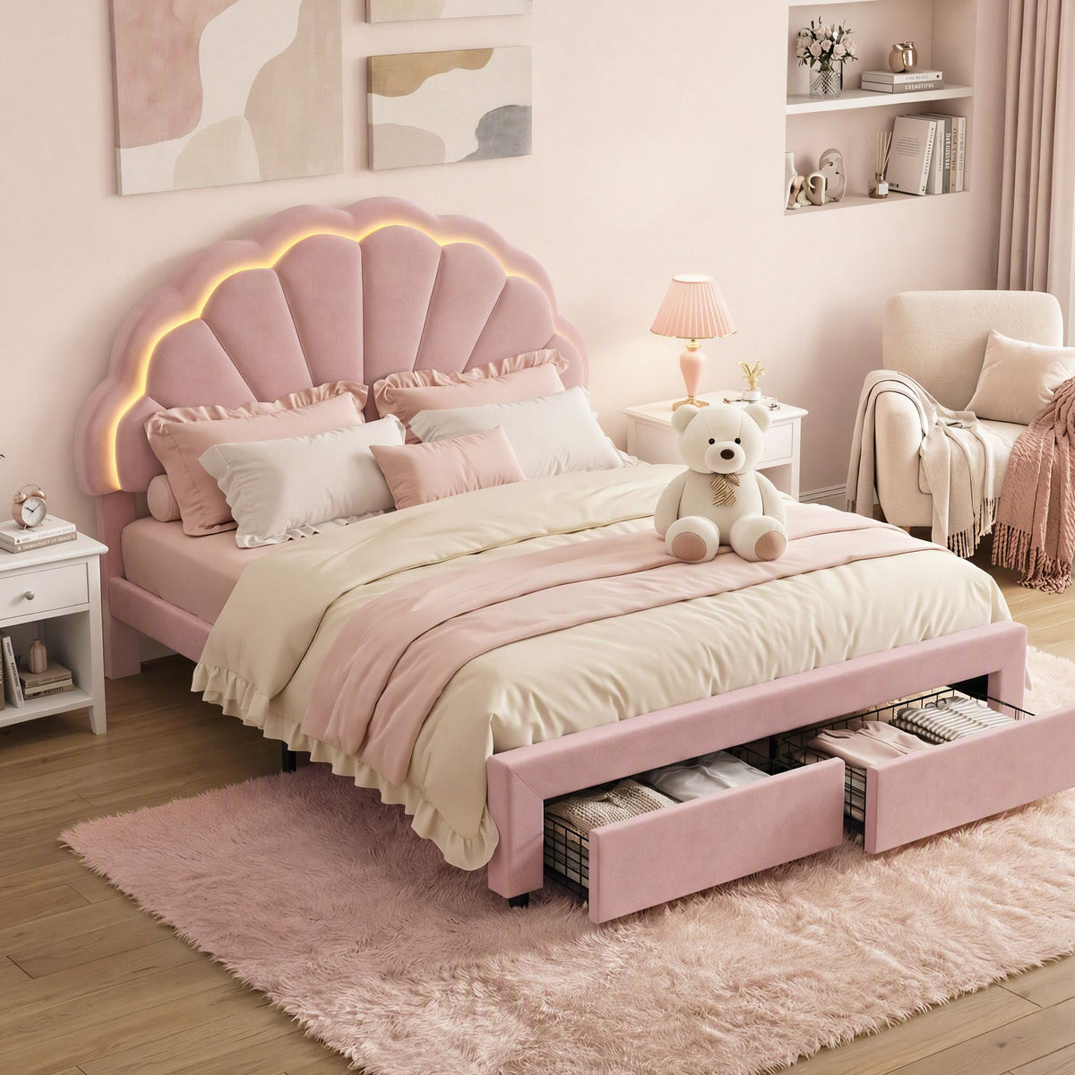 Artiss Double Bed Frame with 2 Storage Drawers Upholstered Velvet Platform Bed LED Headboard Pink Hauptbild