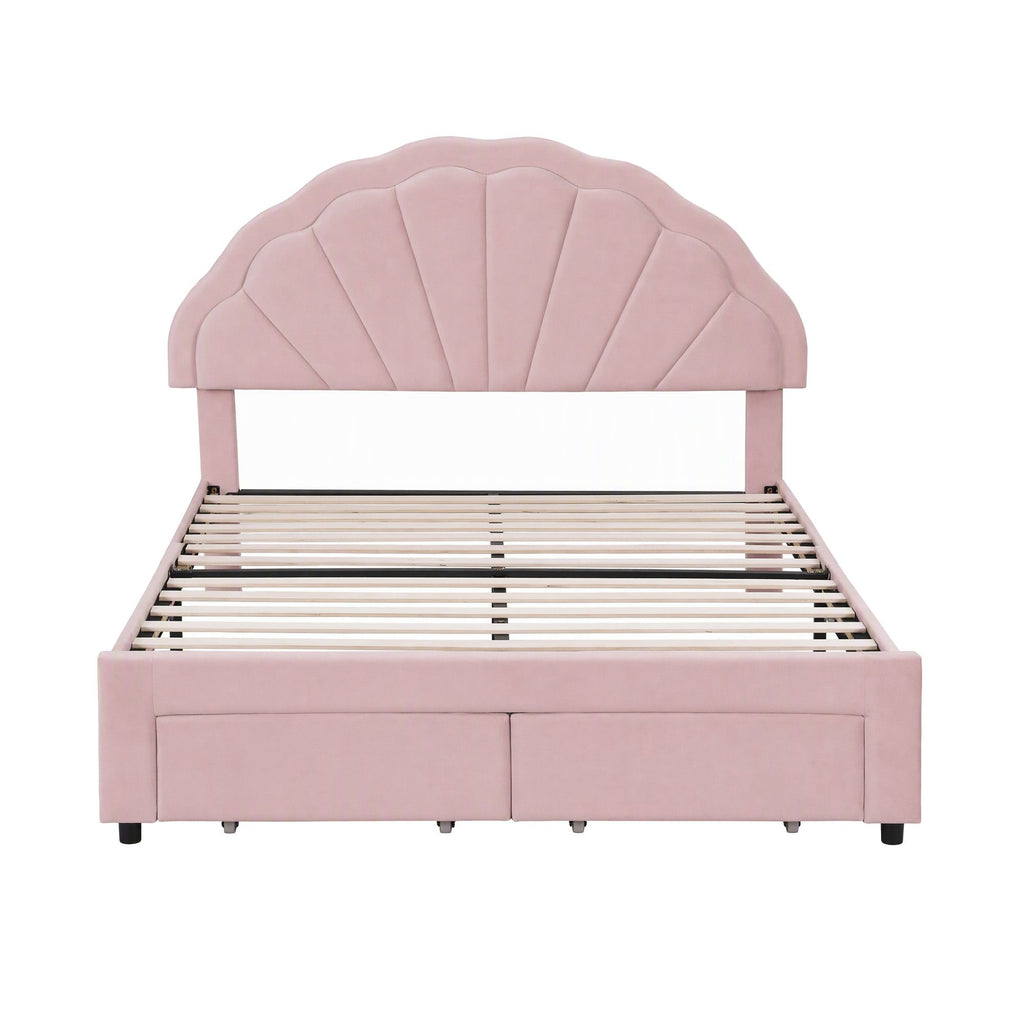 Artiss Double Bed Frame with 2 Storage Drawers Upholstered Velvet Platform Bed LED Headboard Pink