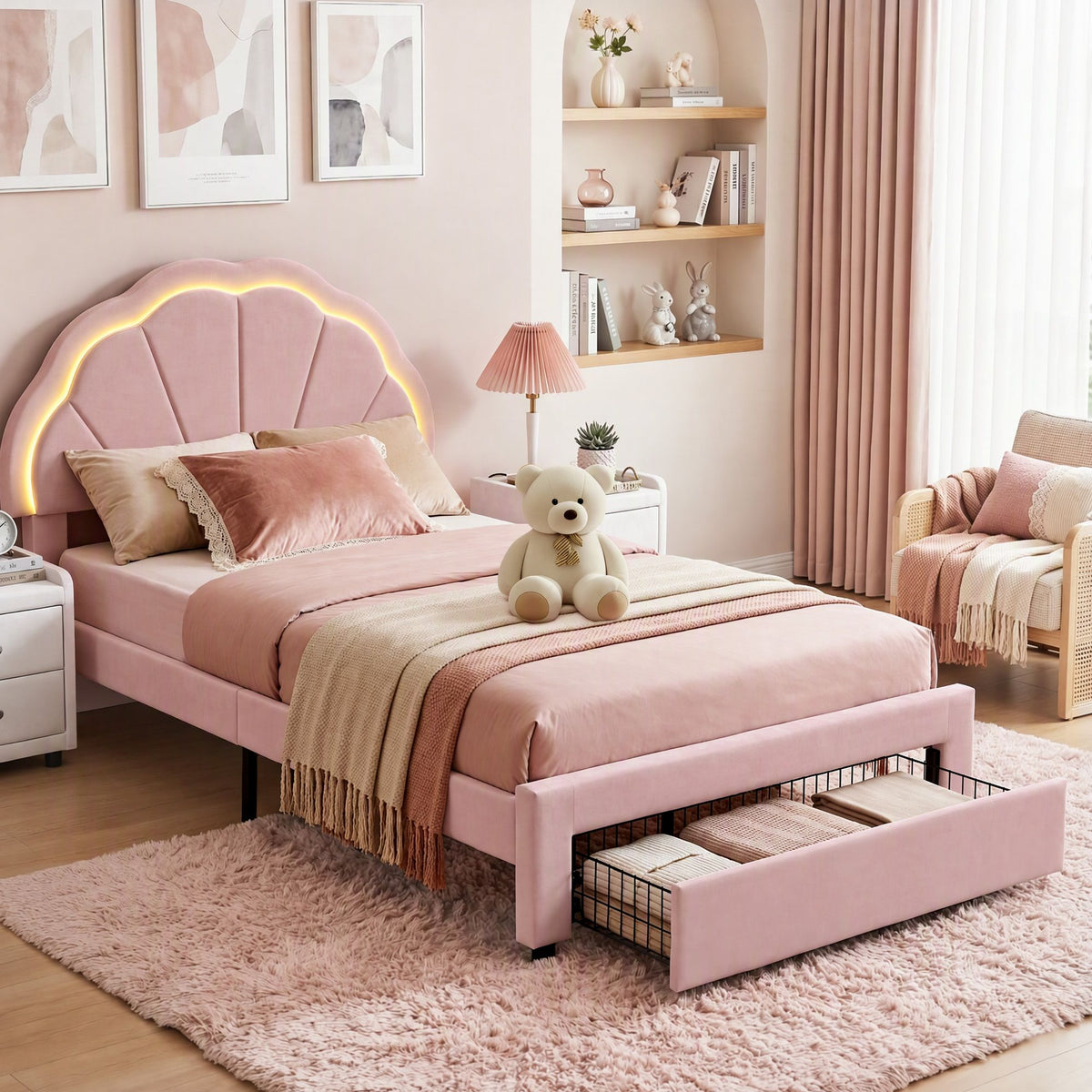 Artiss King Single Bed Frame with 1 Storage Drawers Upholstered Velvet Platform Bed LED Headboard Pink Hauptbild