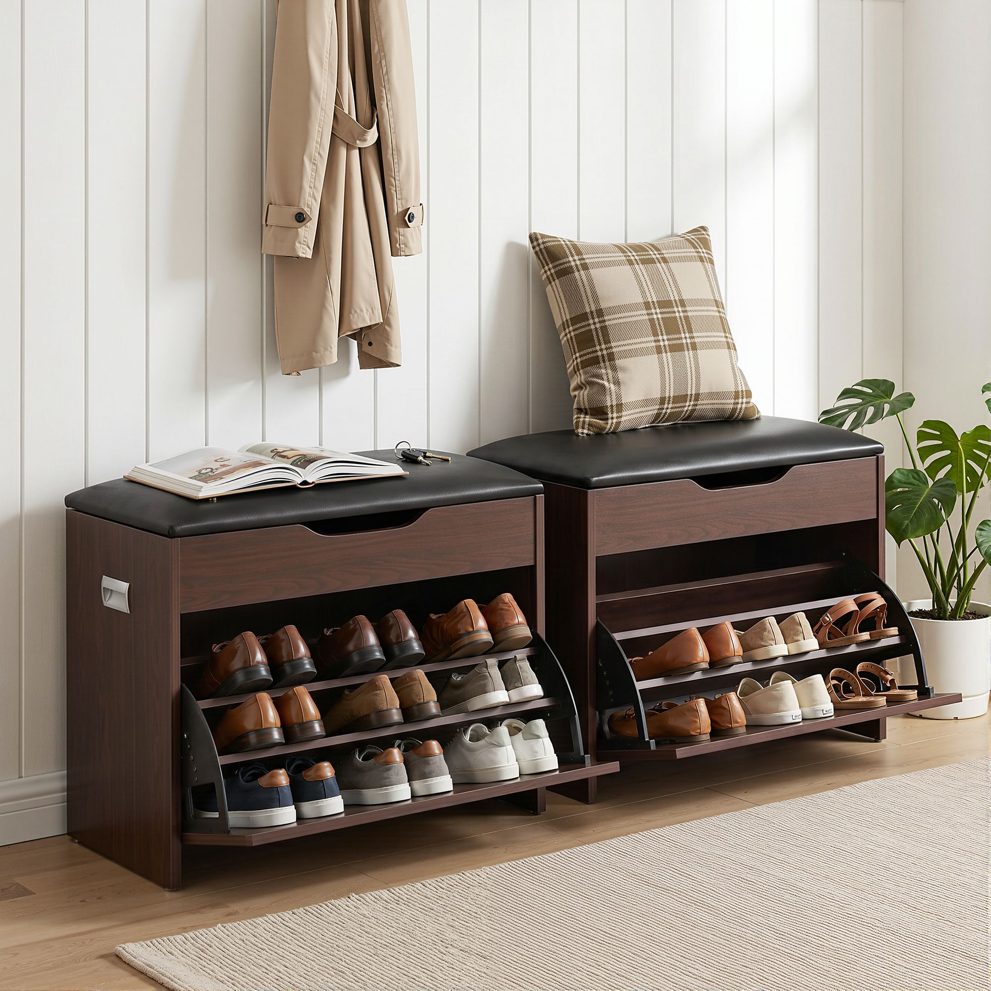 2x Shoe Bench Set Flip Drawer Walnut Main image
