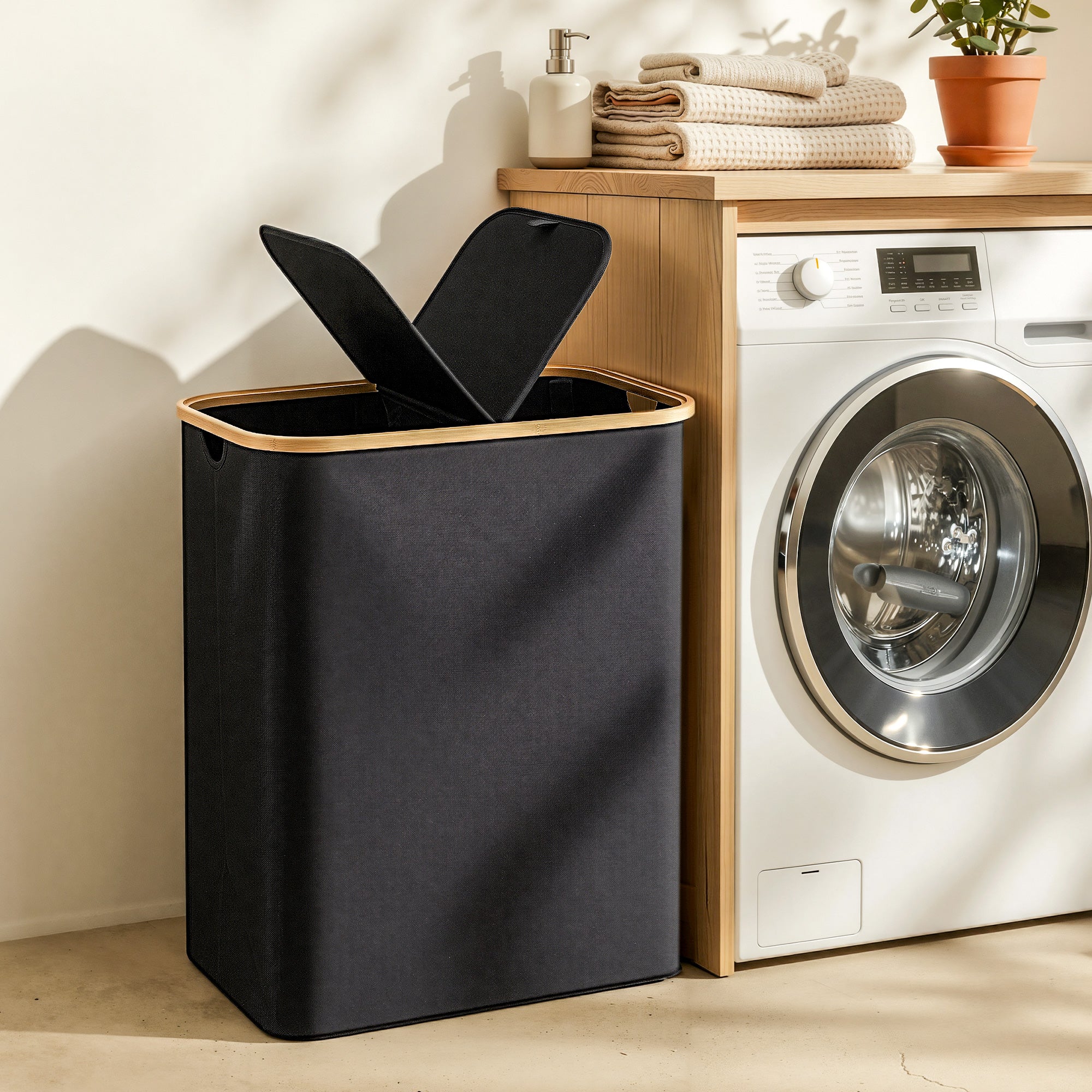 2 Sections Laundry Basket with Removable Bags Foldable Black Hauptbild