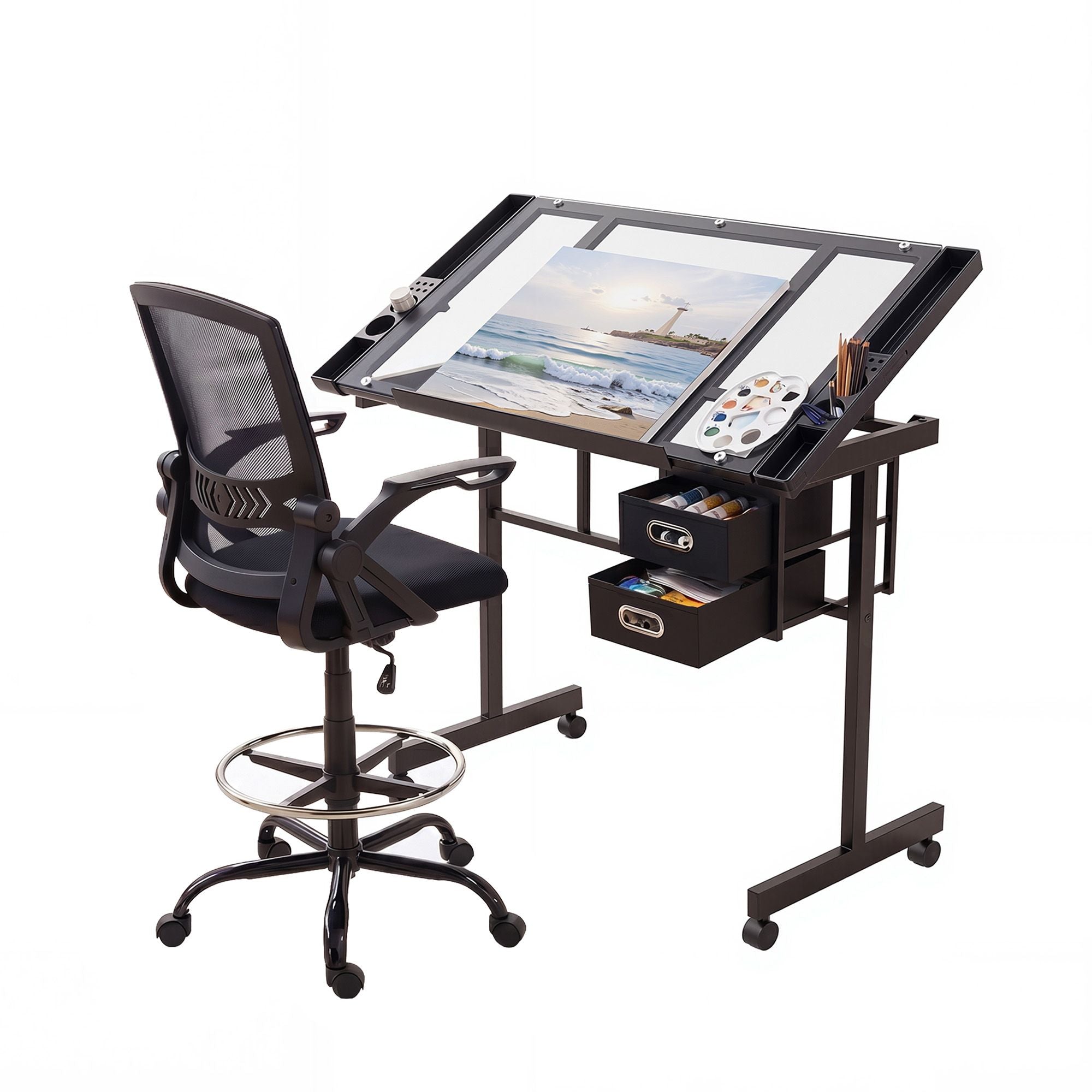 Drawing Table with Ergonomic Office Chair, Drafting Tables with Tempered Glass Desktop, Removable Drawers, Drafting Stool with Height Adjustable for Artwork Painting Studio Main image