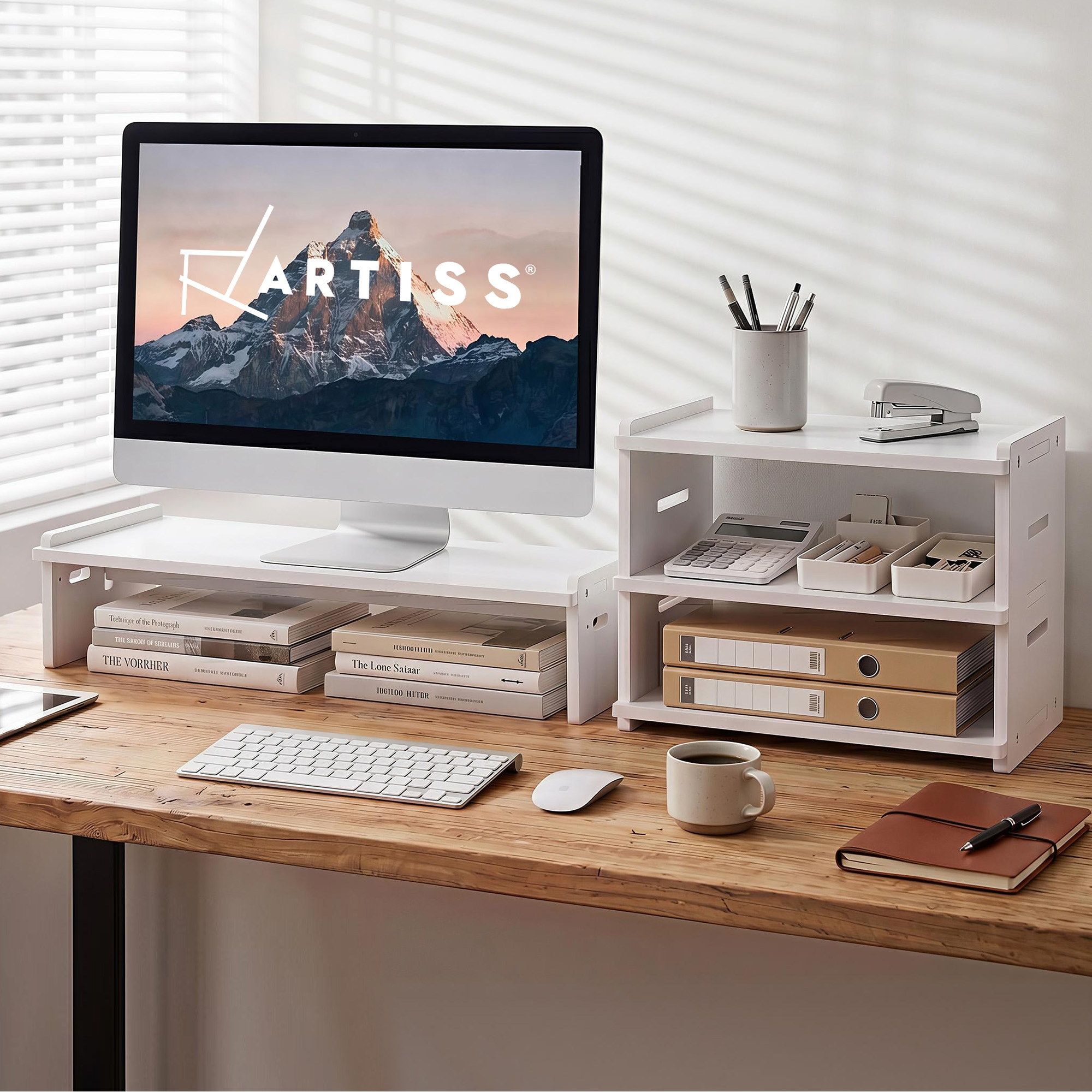 Artiss Monitor Stand and 3-Tier Desk Organiser 2-in-1 Modular Computer Monitor Riser PVC Desktop Shelf Holds 20kg for Office Students Gaming Main image