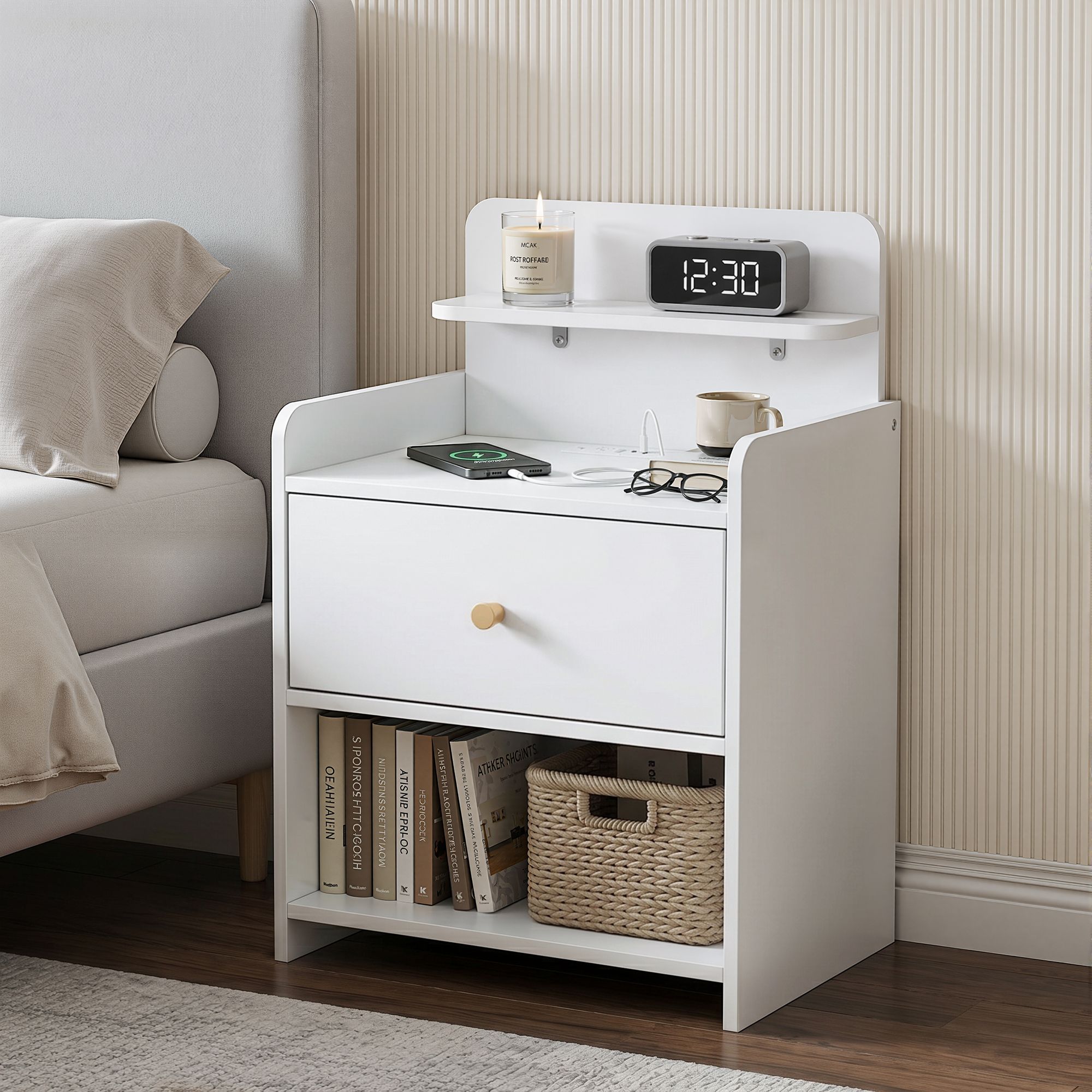 Bedside Table Drawer Charging Station White Main image