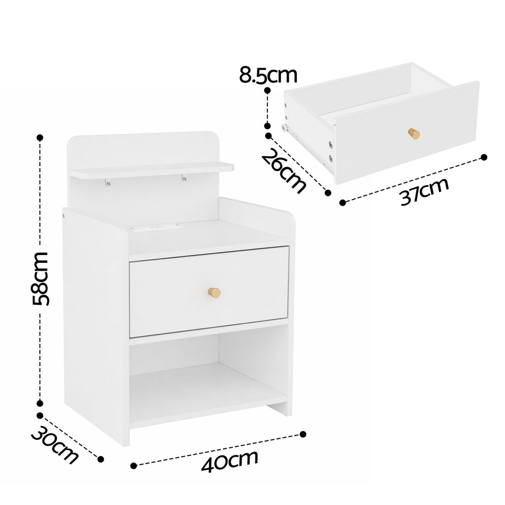 Artiss Bedside Table Drawer Charging Station White