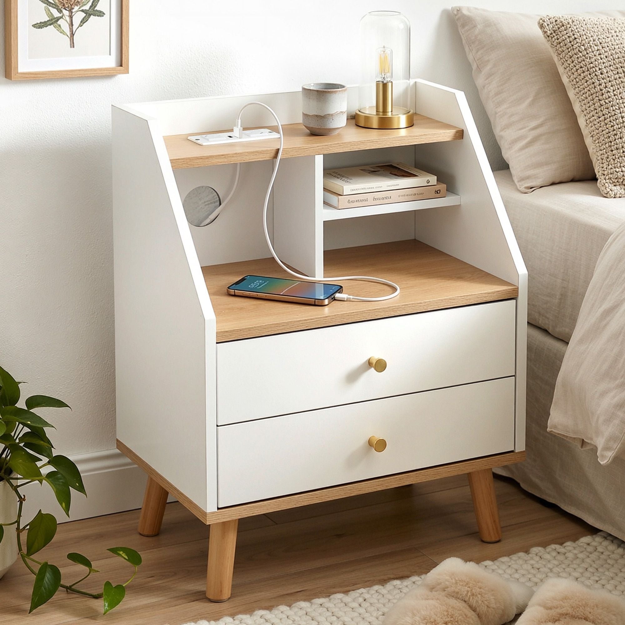 Bedside Table 2 Drawers Charging Station White and Pine Main image