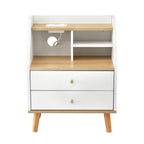 Artiss Bedside Table 2 Drawers Charging Station White and Pine