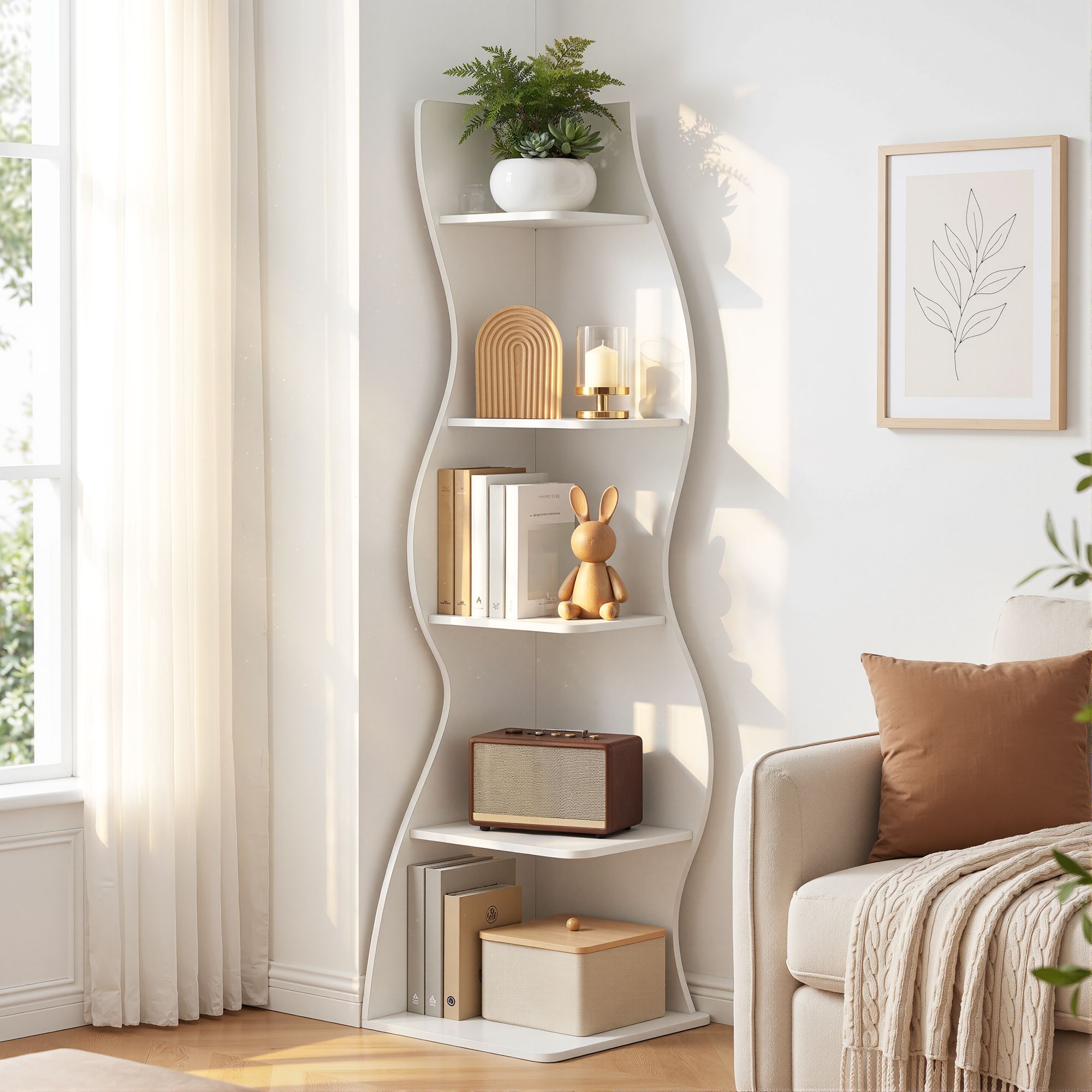 5-Tier Bookshelf Corner Shelf S-shaped Storage Rack White Main image