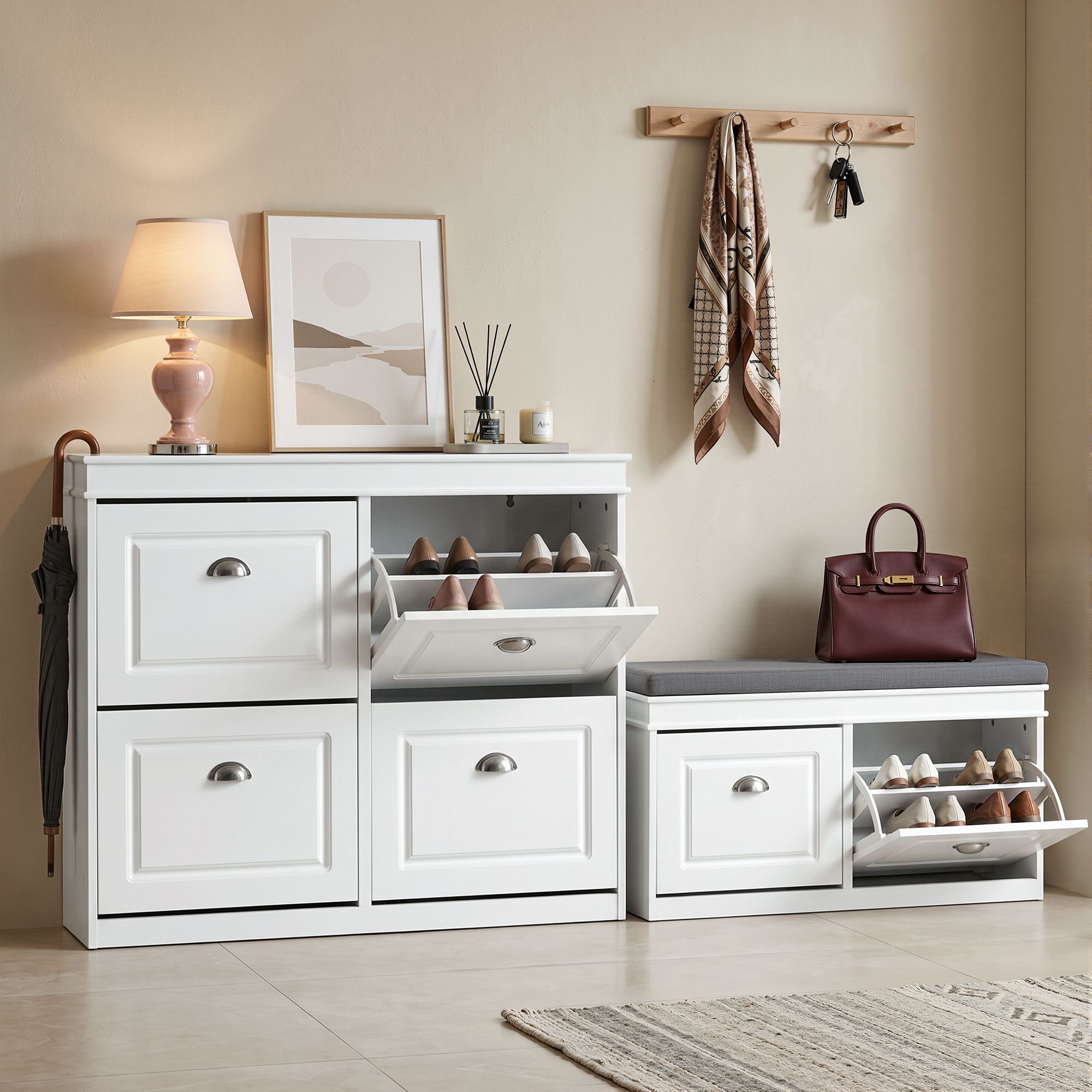 Shoe Cabinet Bench Set Flip Drawer Hallway Living Room White Main image
