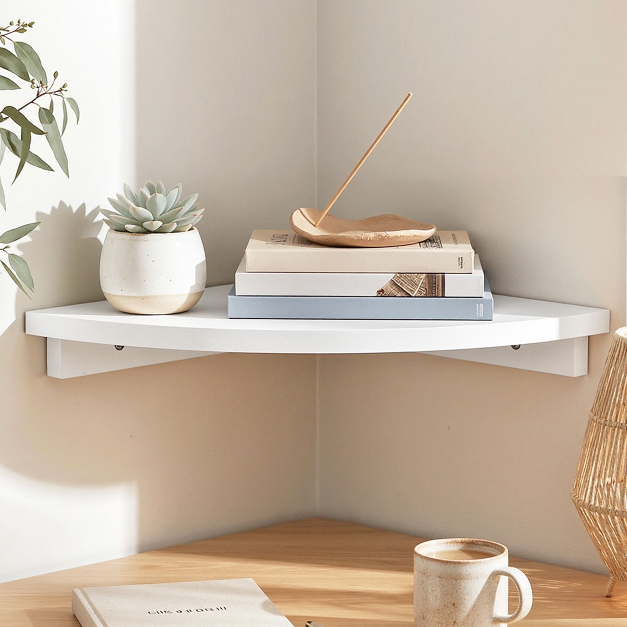 Corner Floating Wall Shelf Wall Mounted Display Rack Round Edge White 1pc Main image