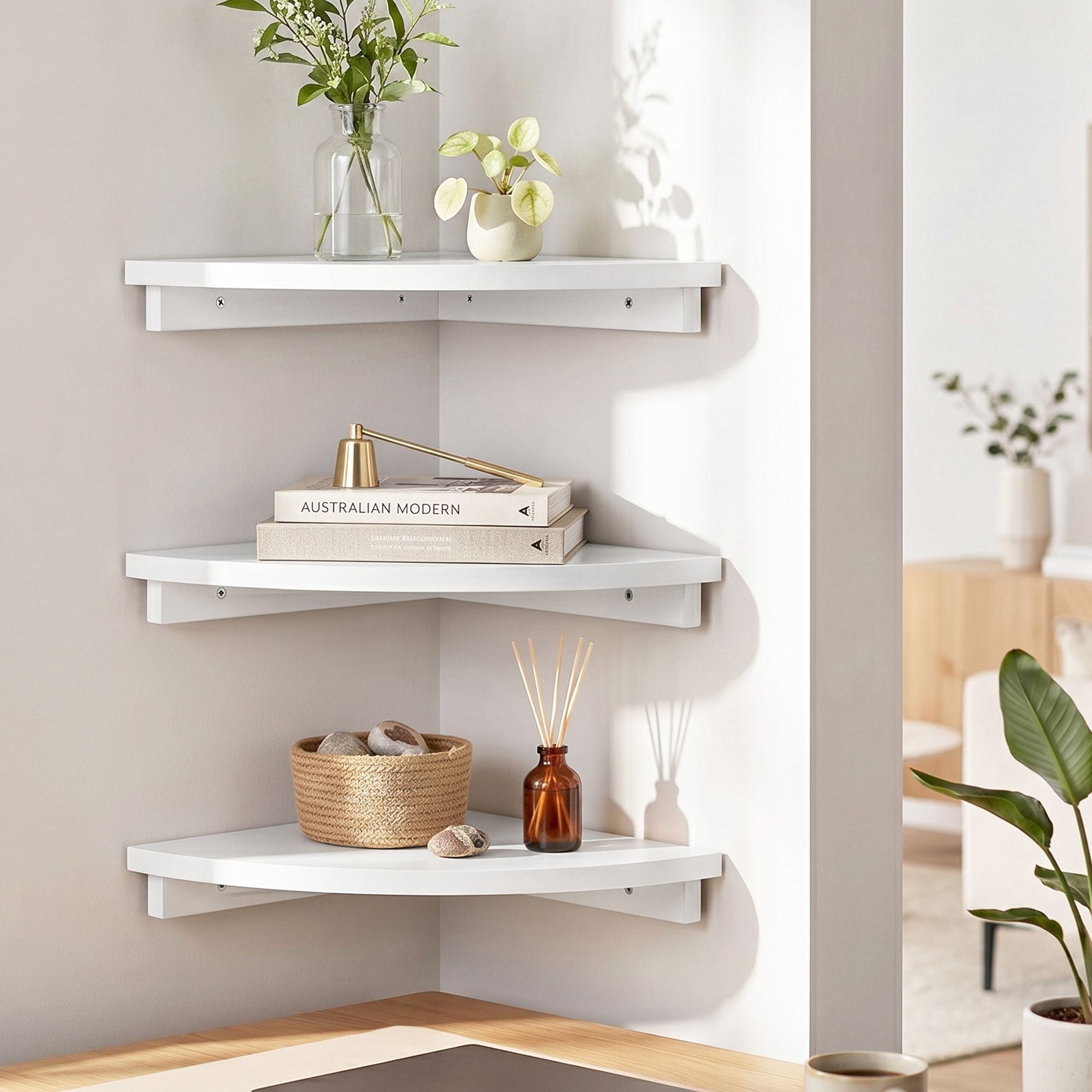 3pc Corner Floating Wall Shelf Wall Mounted Display Rack Round Edge White Main image