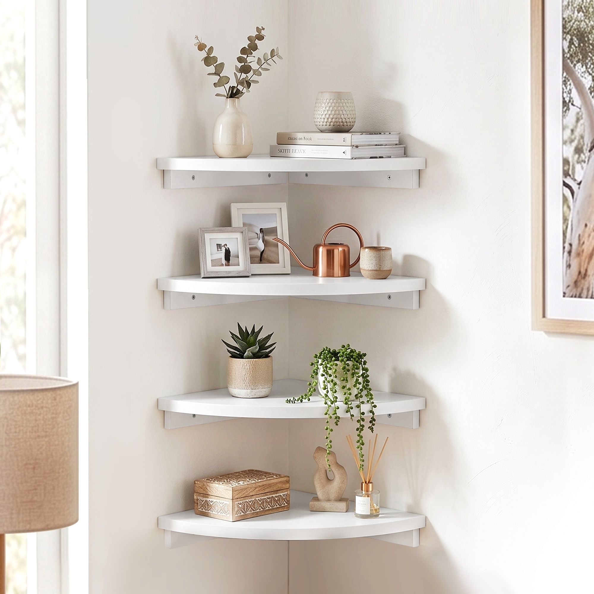 4pc Corner Floating Wall Shelf Wall Mounted Display Rack Round Edge White Main image
