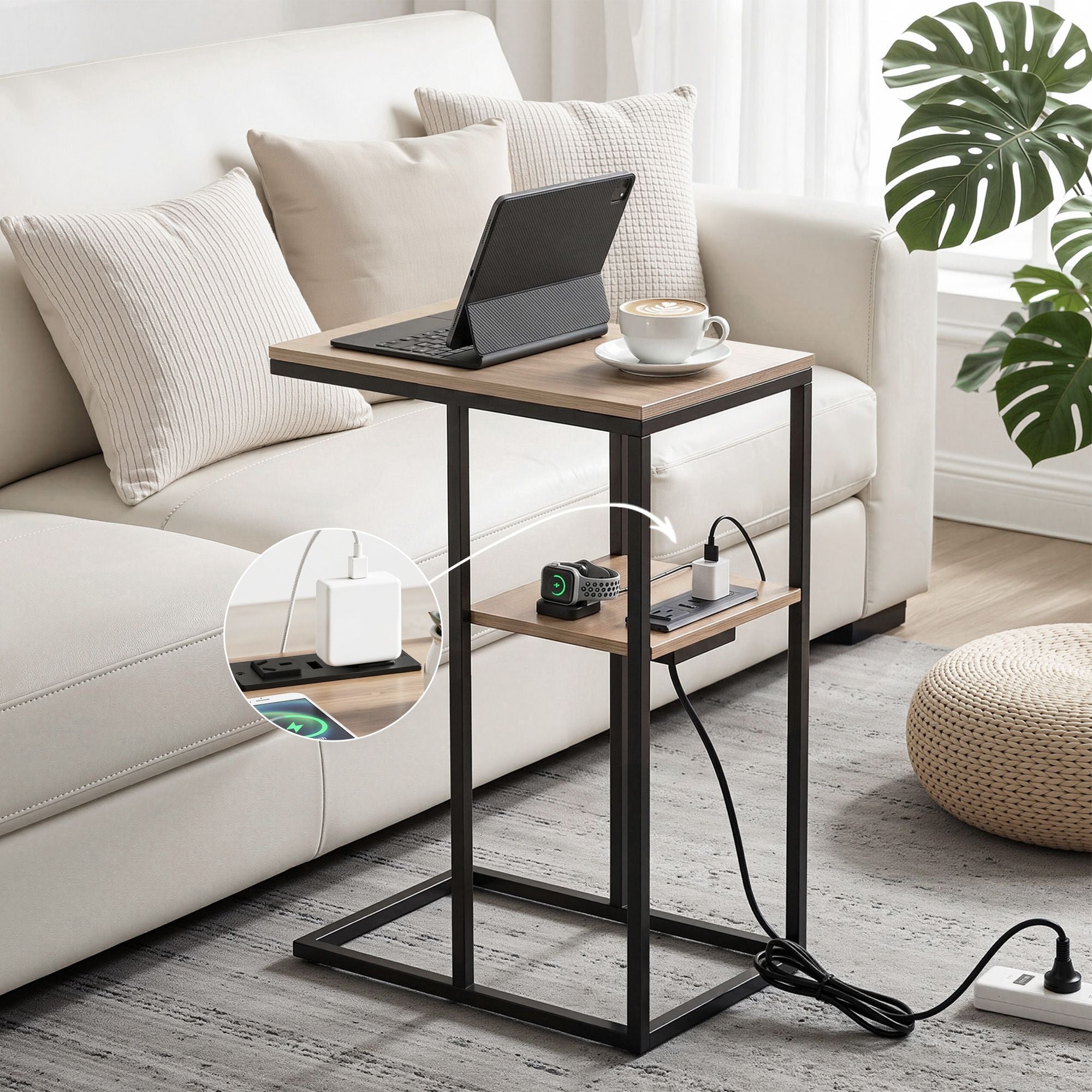 C-Shaped End Table Charging Station 2-Tier Side Coffee Table Bedside Wood Main image