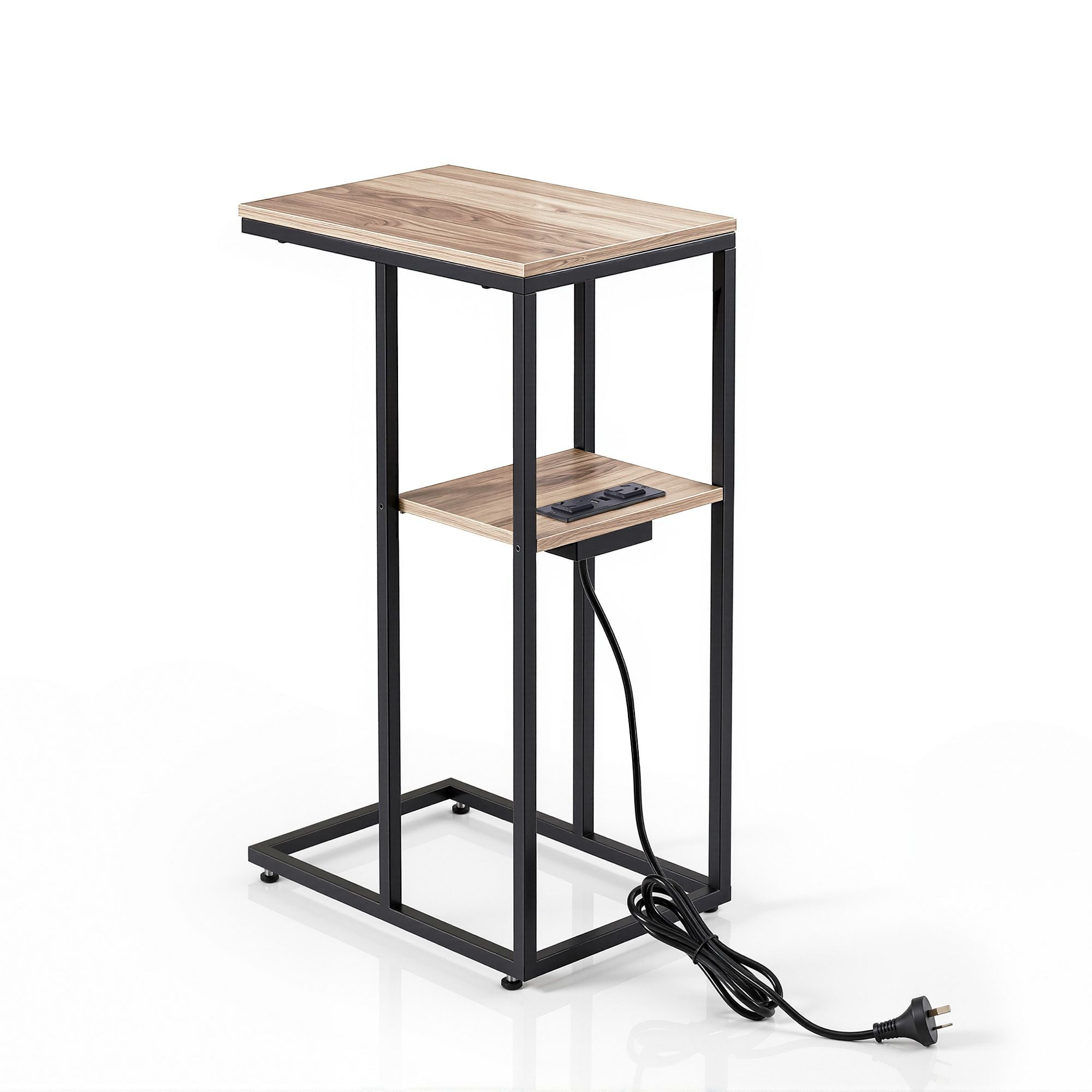 C-Shaped End Table Charging Station 2-Tier Side Coffee Table Bedside Wood Secondary image