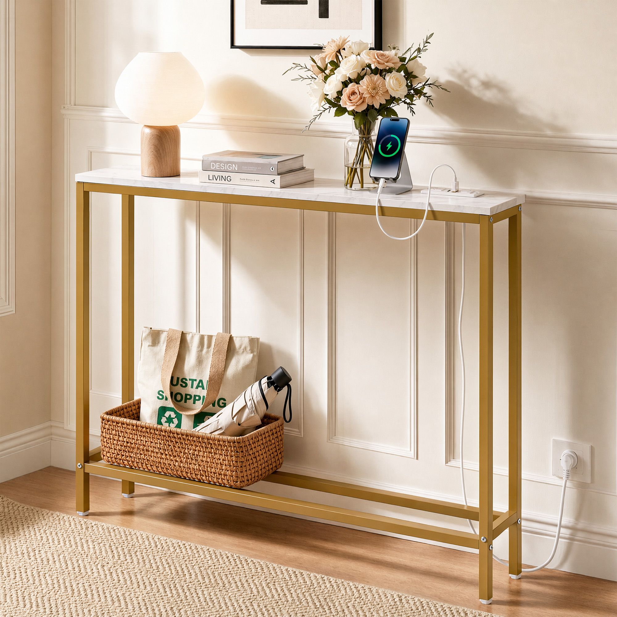Console Table Entryway Hallway Display Desk Charging Station Marble Finish White & Gold Main image