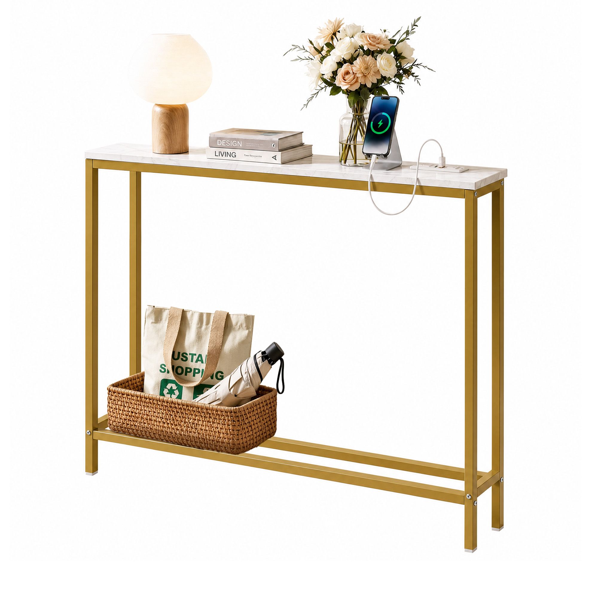 Console Table Entryway Hallway Display Desk Charging Station Marble Finish White & Gold Secondary image