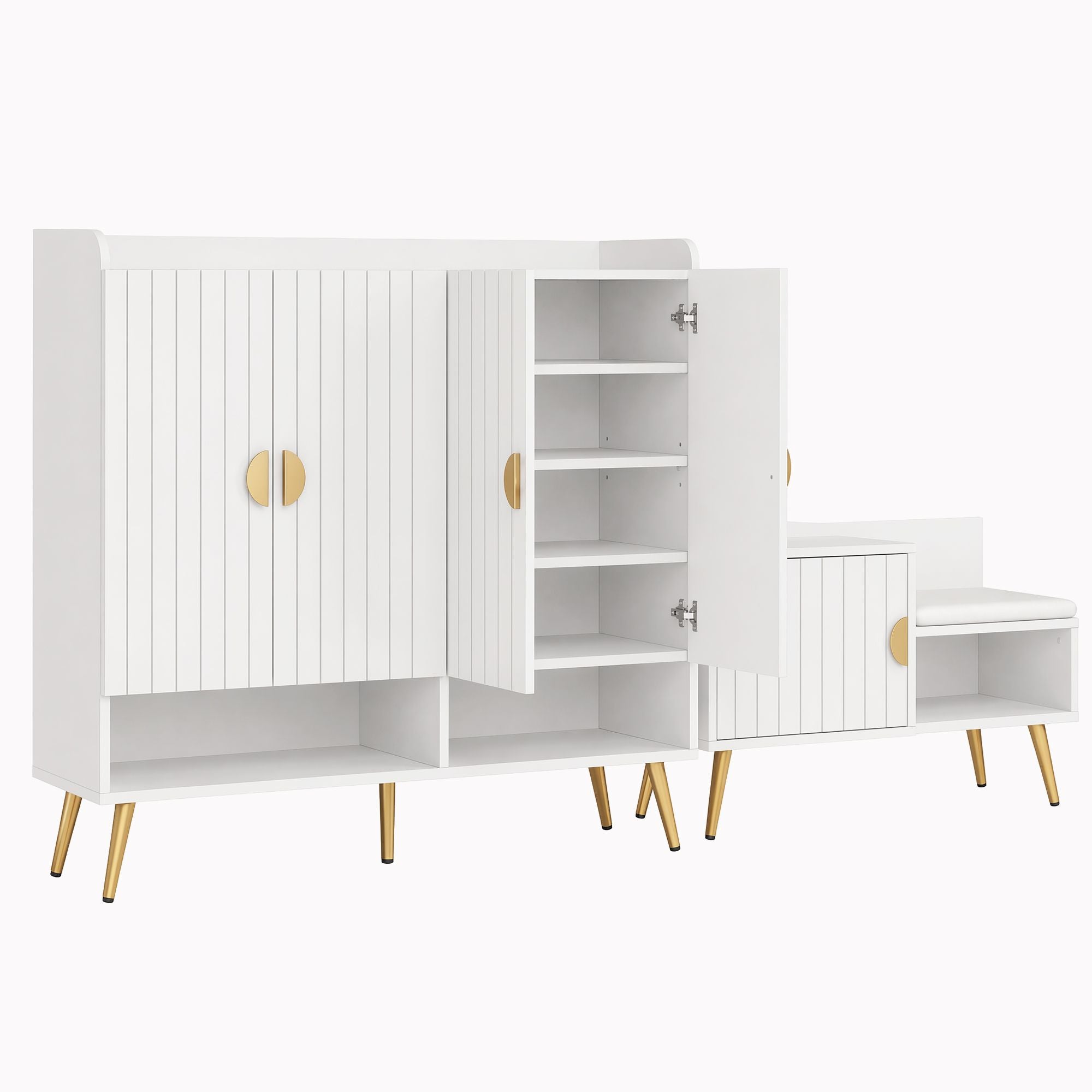 Shoe Cabinet Bench Set Adjustable Shelf Hallway Living Room White Main image