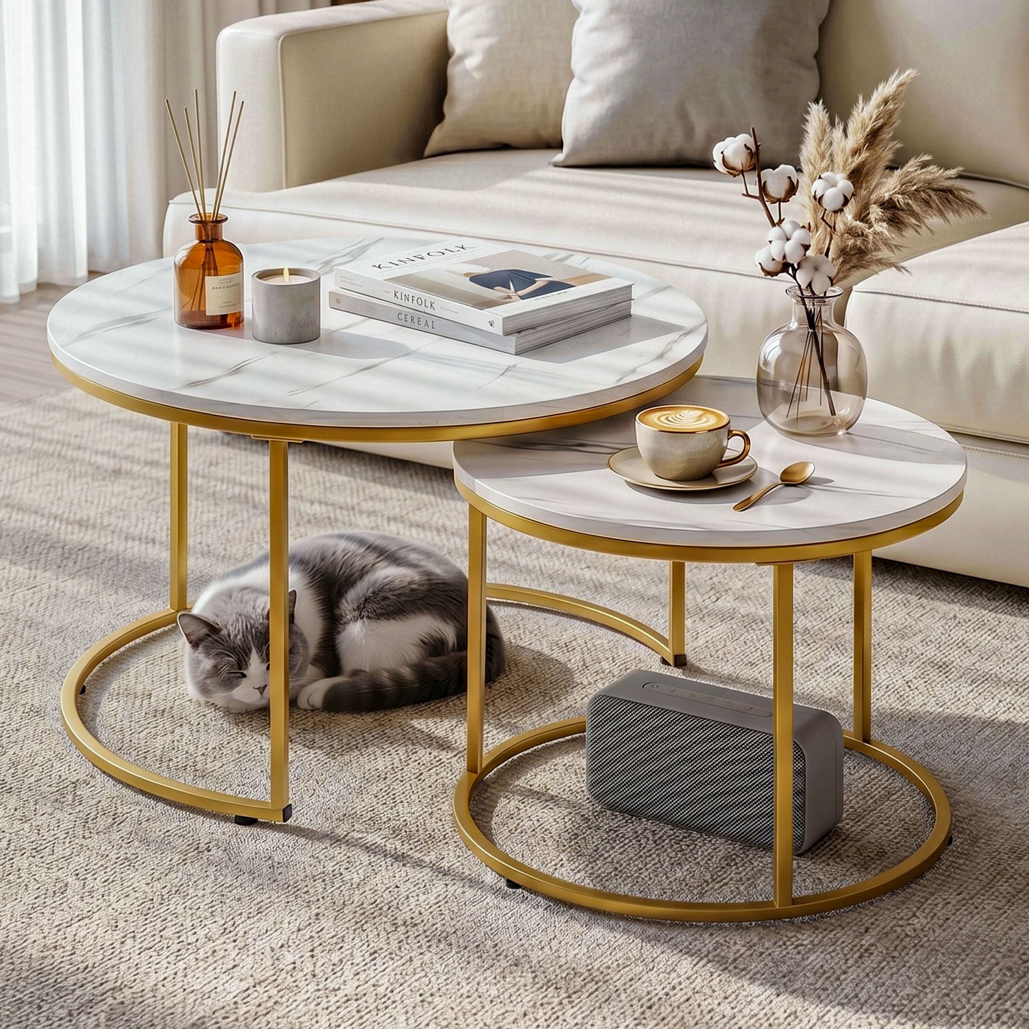 Nesting Coffee Table Set of 2 Round Marble Effect 70/50cm White & Gold Main image