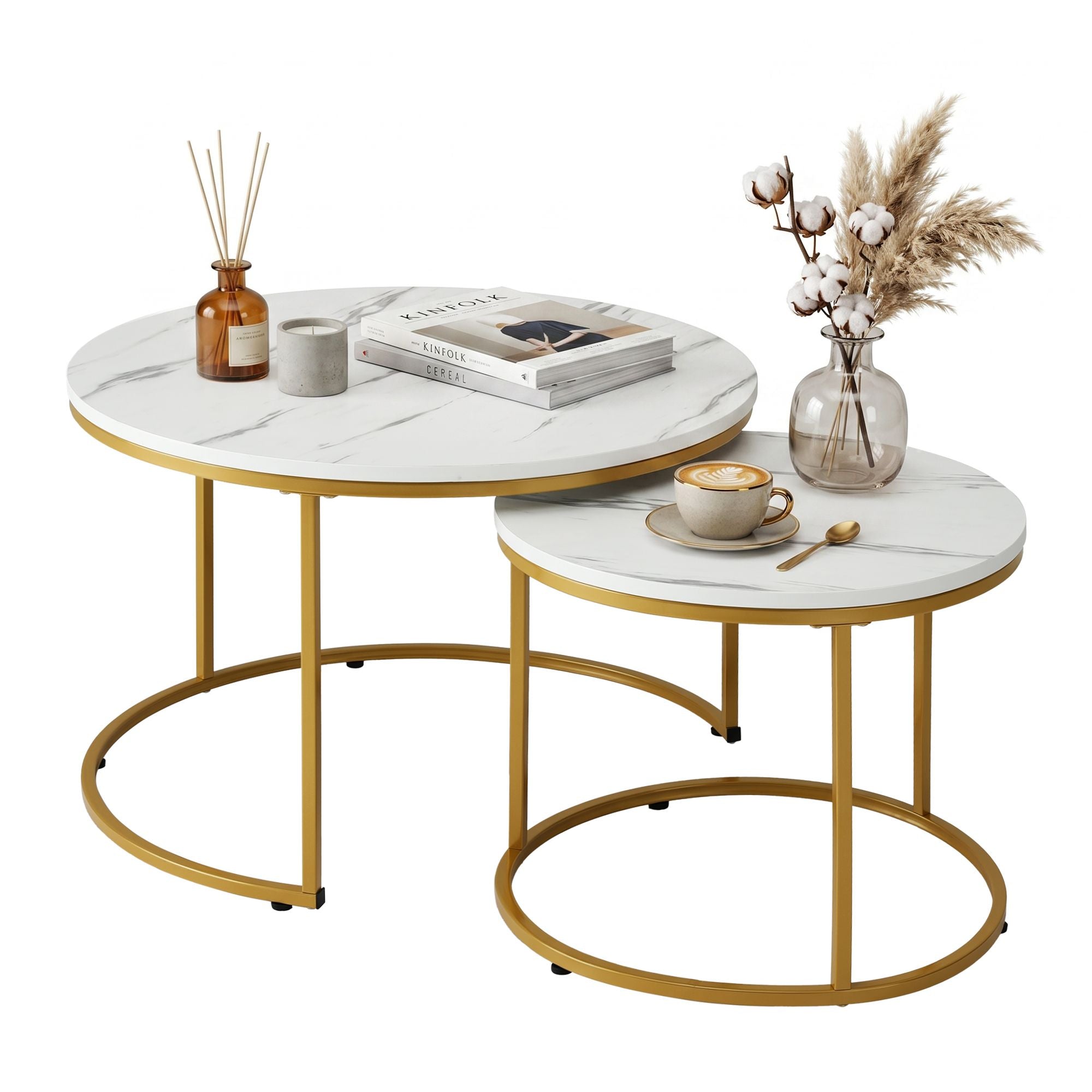 Nesting Coffee Table Set of 2 Round Marble Effect 70/50cm White & Gold Secondary image