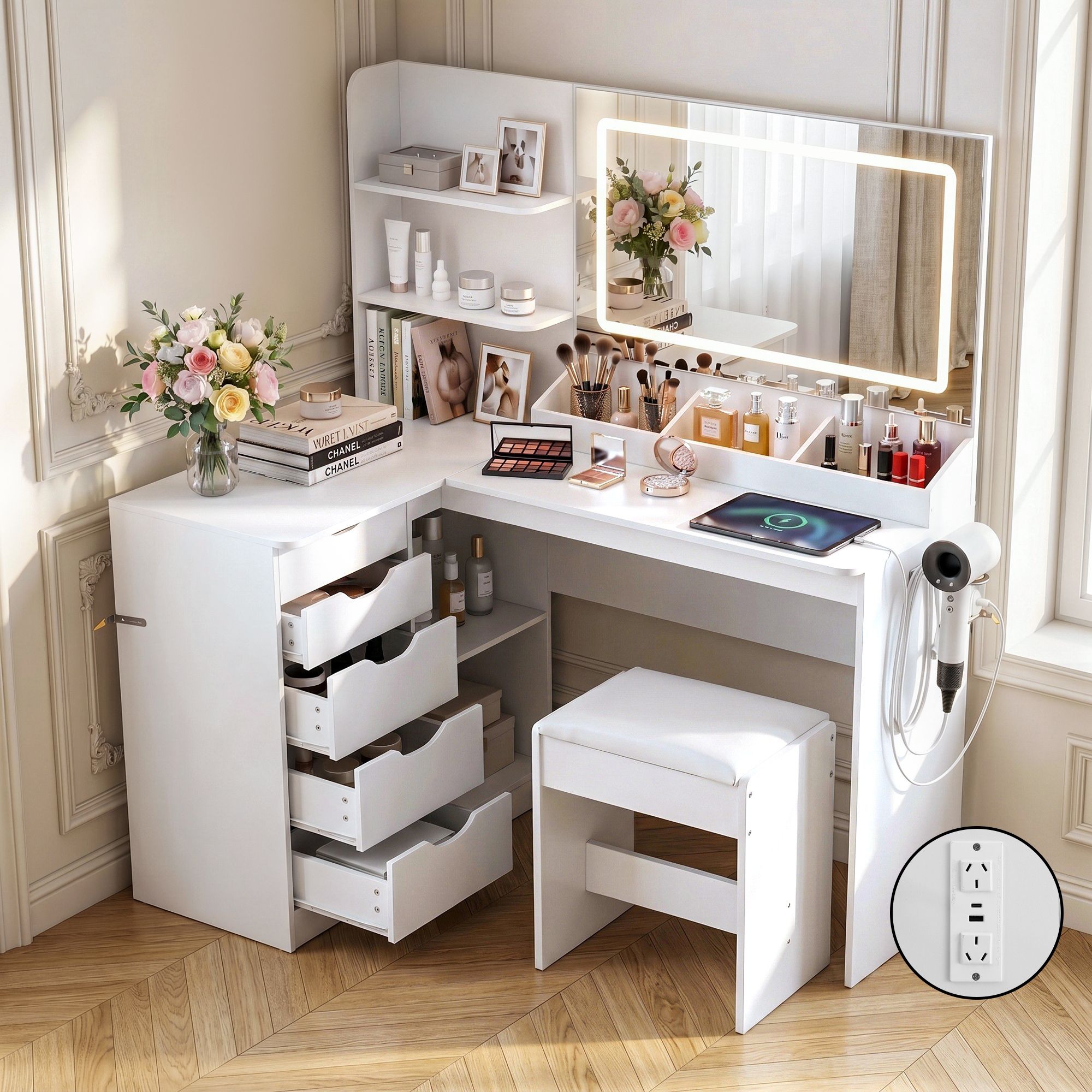 Dressing Table Corner Vanity Desk Set Stool LED Charging Station White Main image