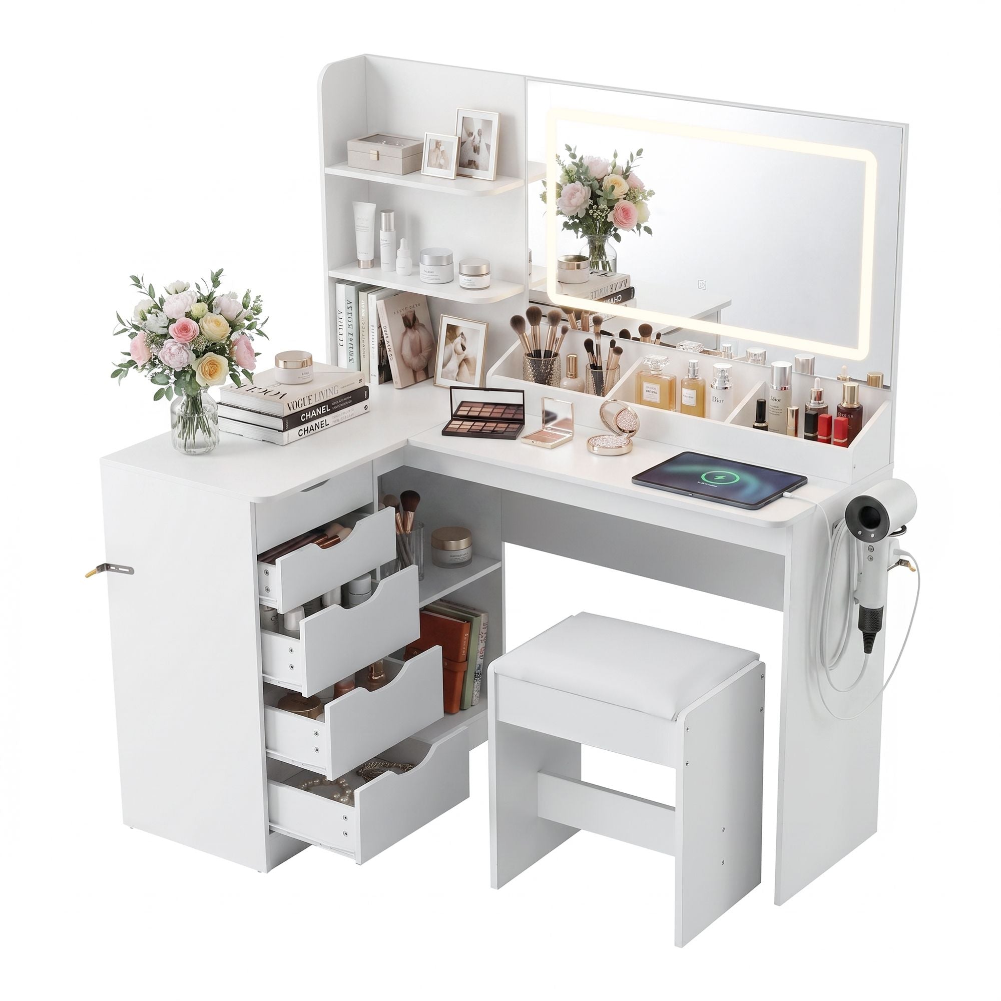 Dressing Table Corner Vanity Desk Set Stool LED Charging Station White Secondary image