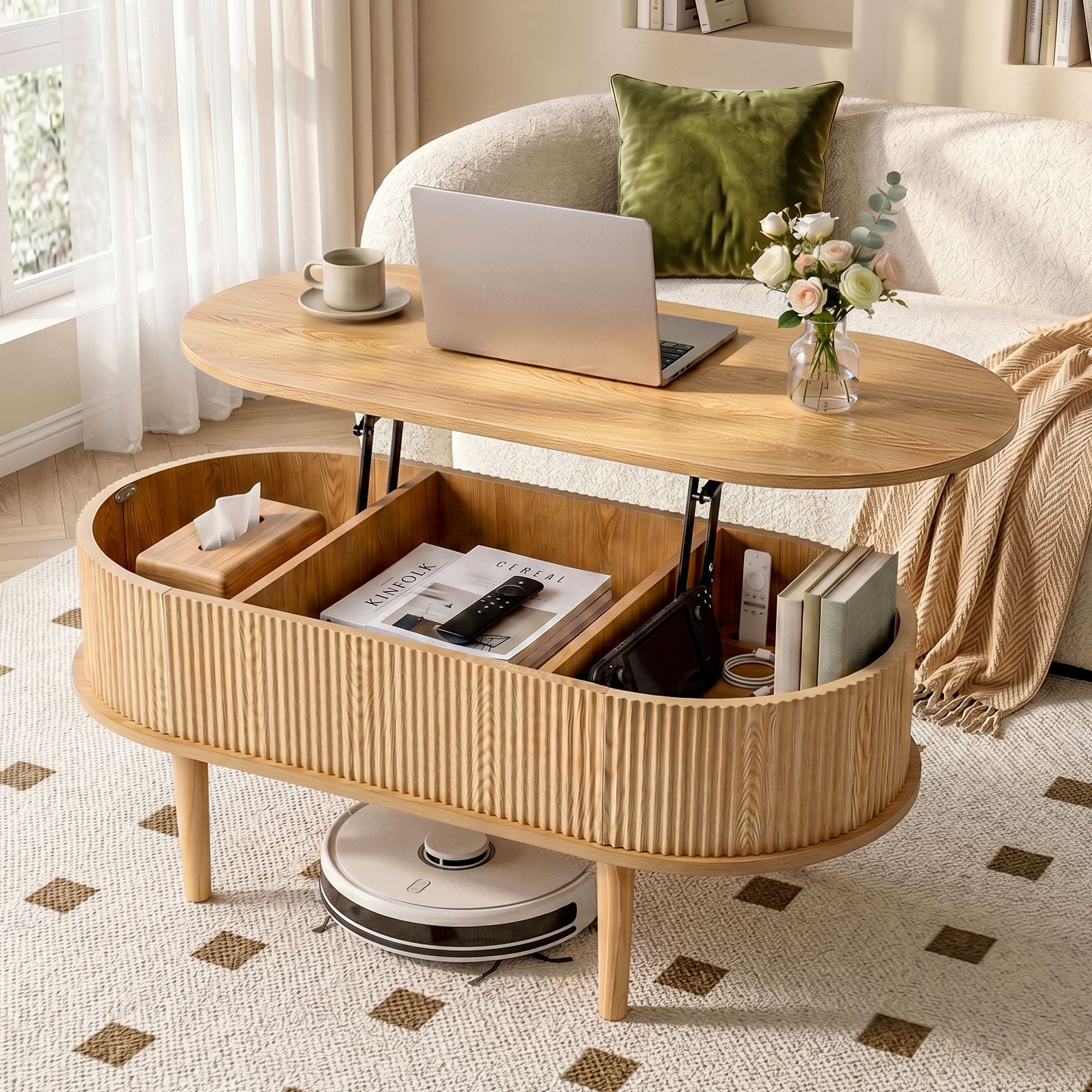 Lift Top Coffee Table Fluted Centre Table with Hidden Storage Oval 100cm Main image