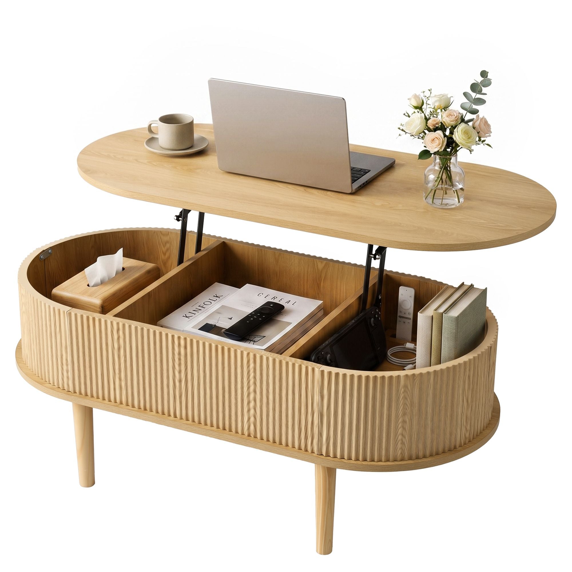 Lift Top Coffee Table Fluted Centre Table with Hidden Storage Oval 100cm Secondary image