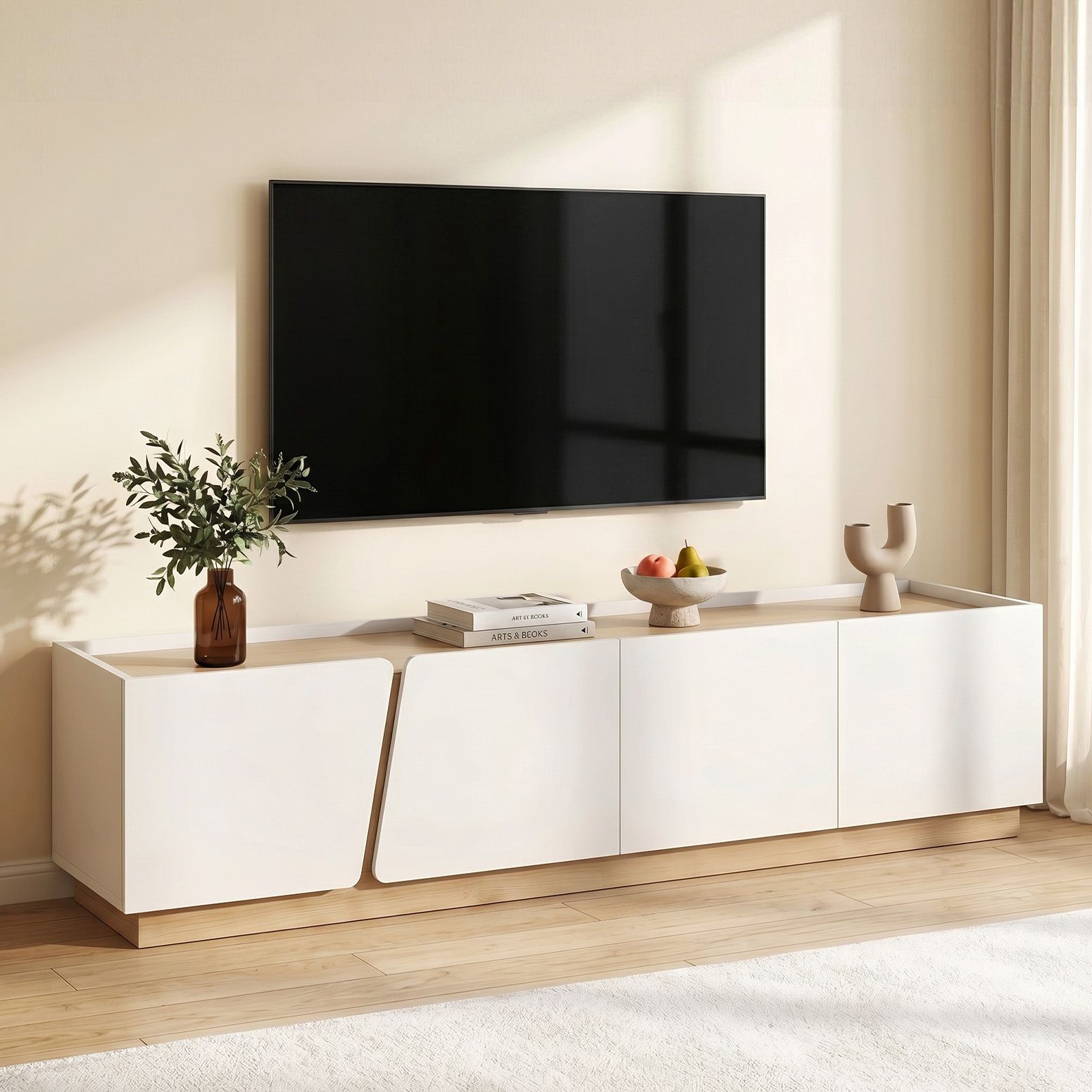 180cm TV Unit Storage Cabinet Living Room White & Pine Main image