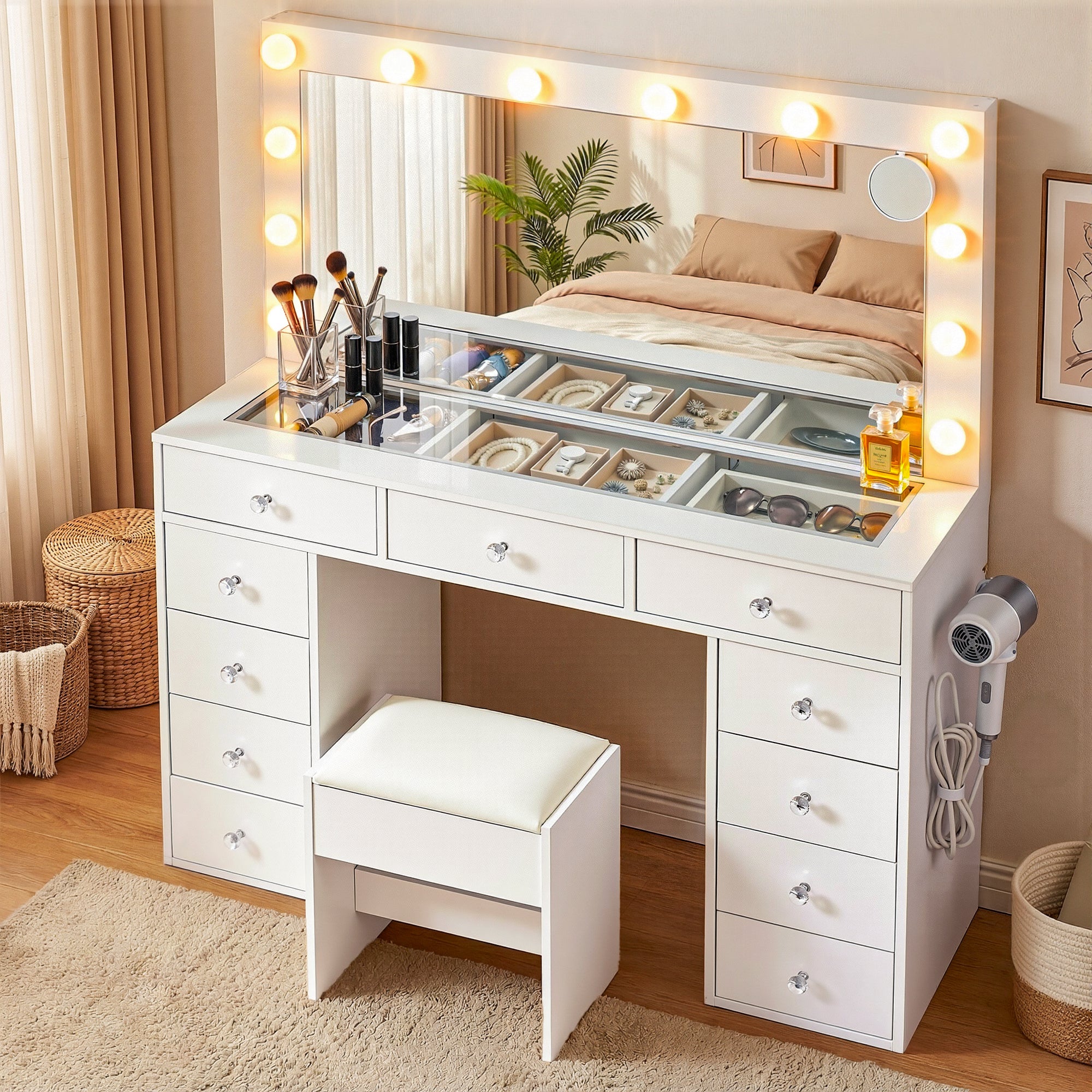 Dressing Table Vanity Desk Set Stool LED Bulbs White Main image