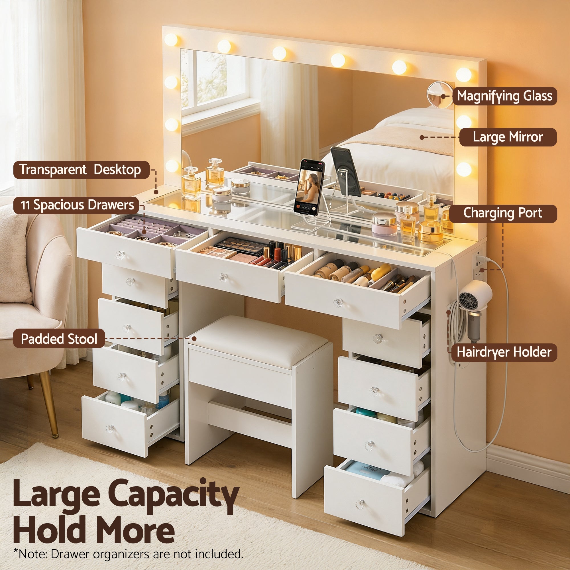 Artiss Dressing Table Vanity Desk Set Stool LED Bulbs White