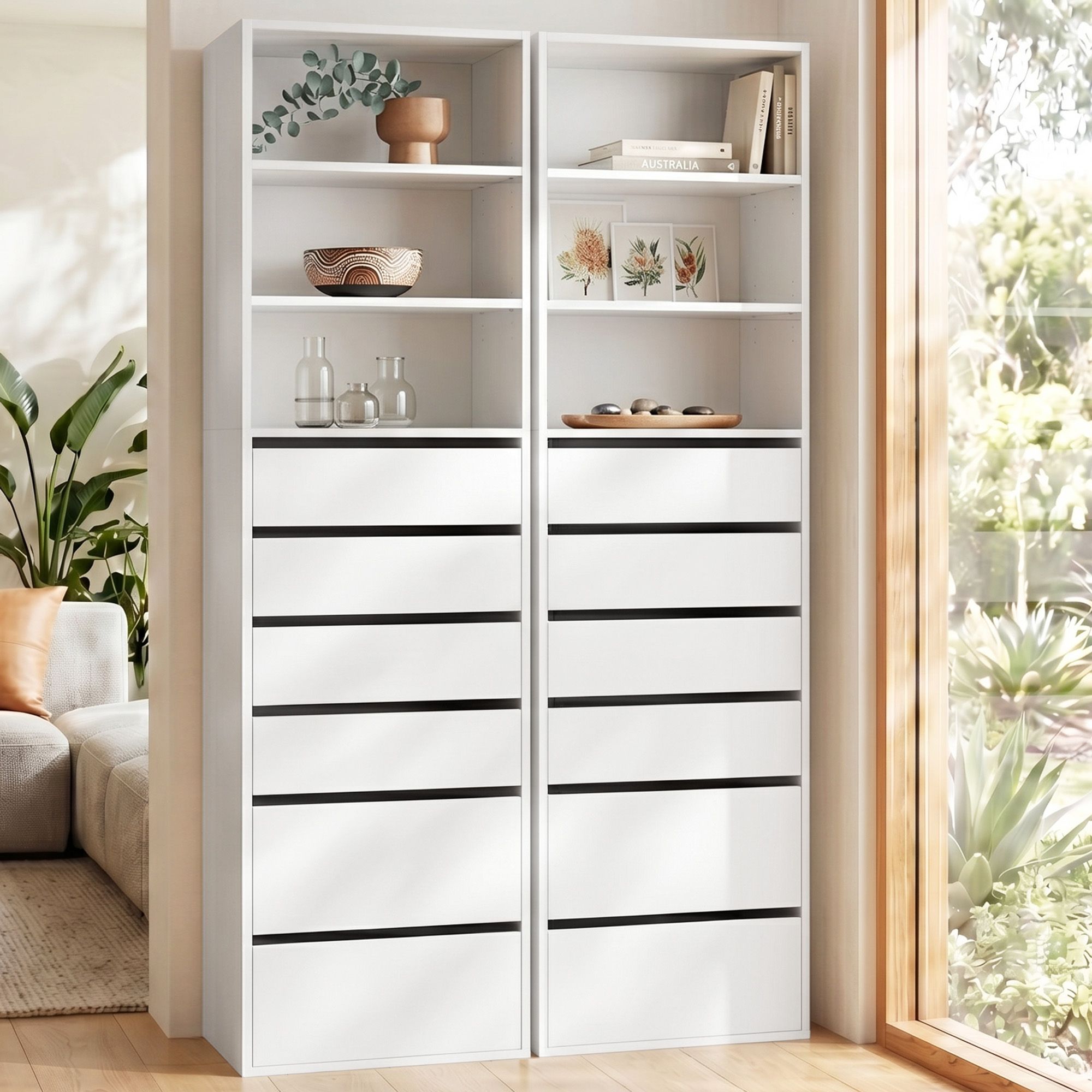 2x Chest of 6 Drawers Tallboy Cabinet Adjustable Shelf White Main image