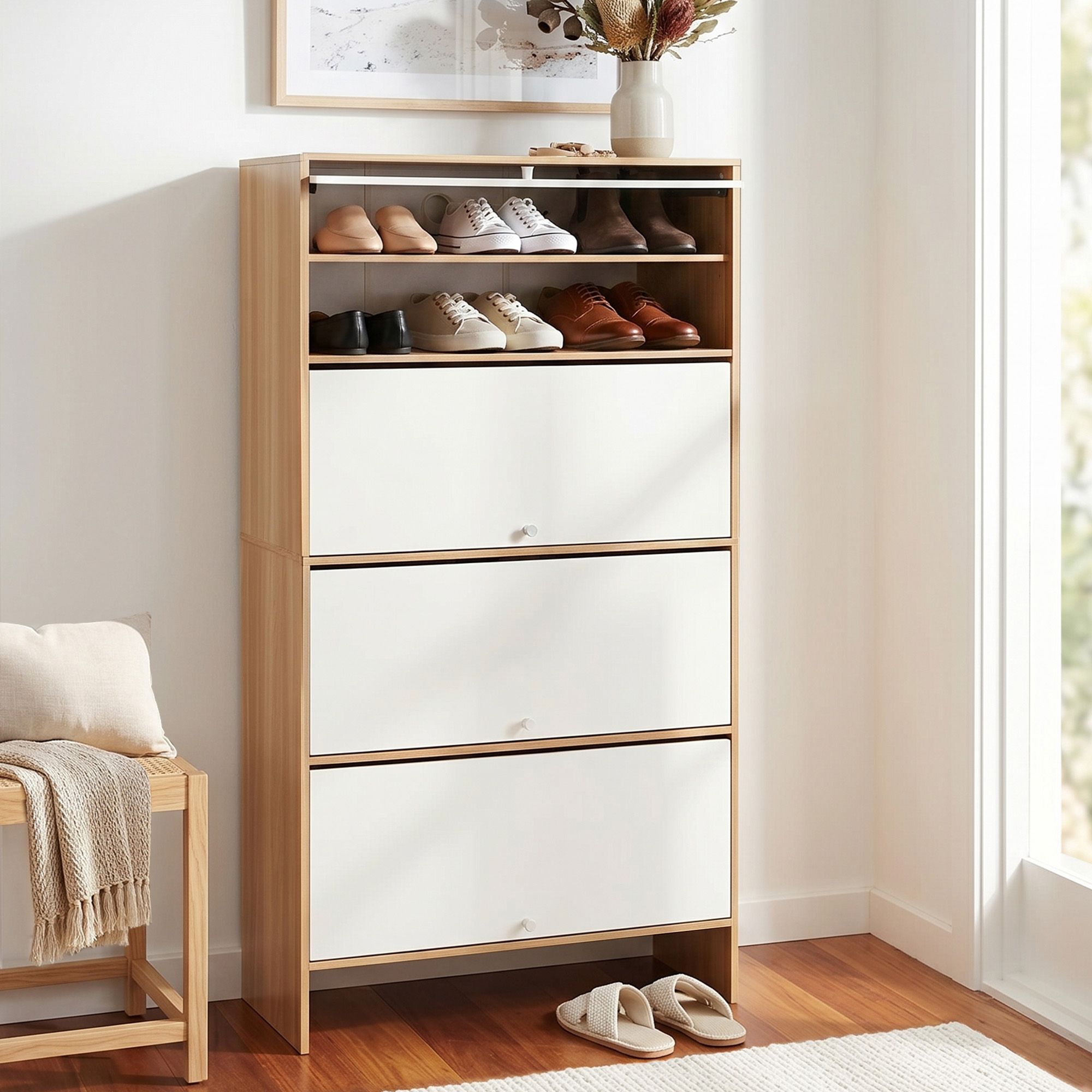Narrow Shoe Cabinet Adjustable Shelves Flip-up Door White & Pine Main image