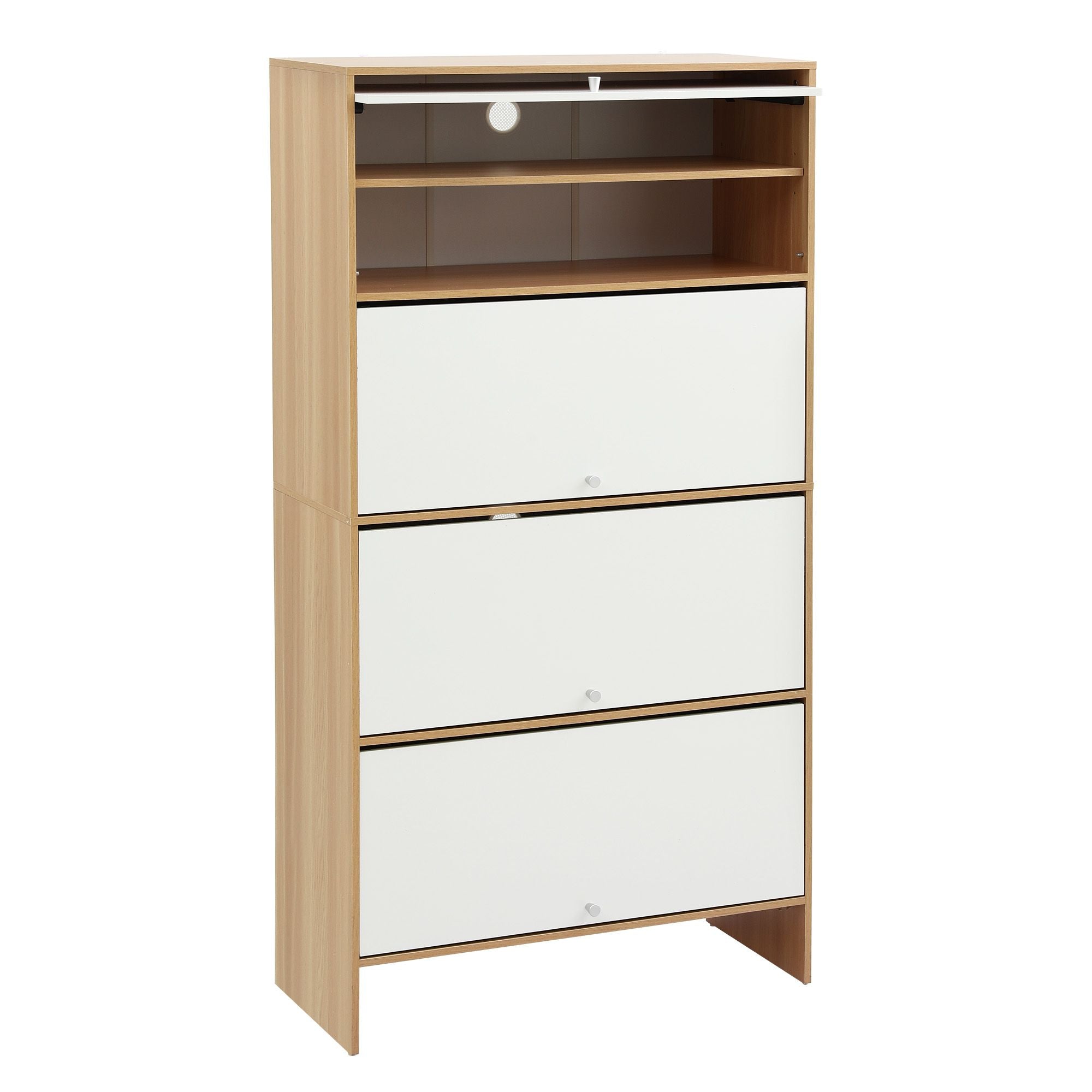 Narrow Shoe Cabinet Adjustable Shelves Flip-up Door White & Pine Secondary image