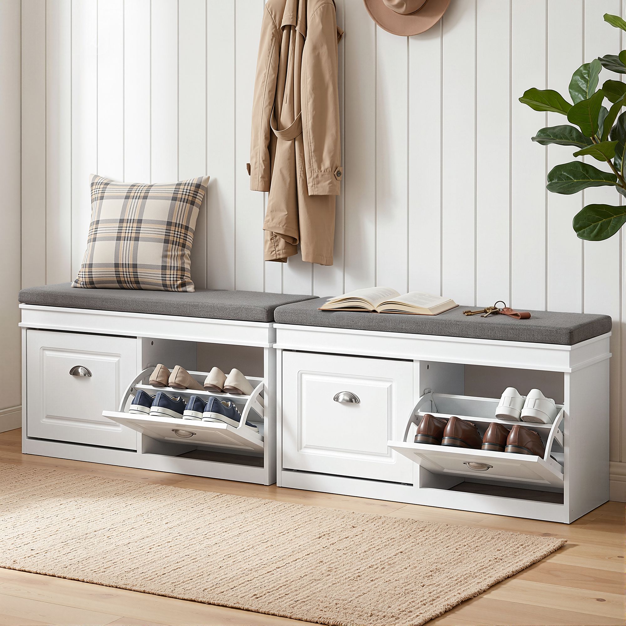 2x Shoe Bench Set Flip Drawer White Main image