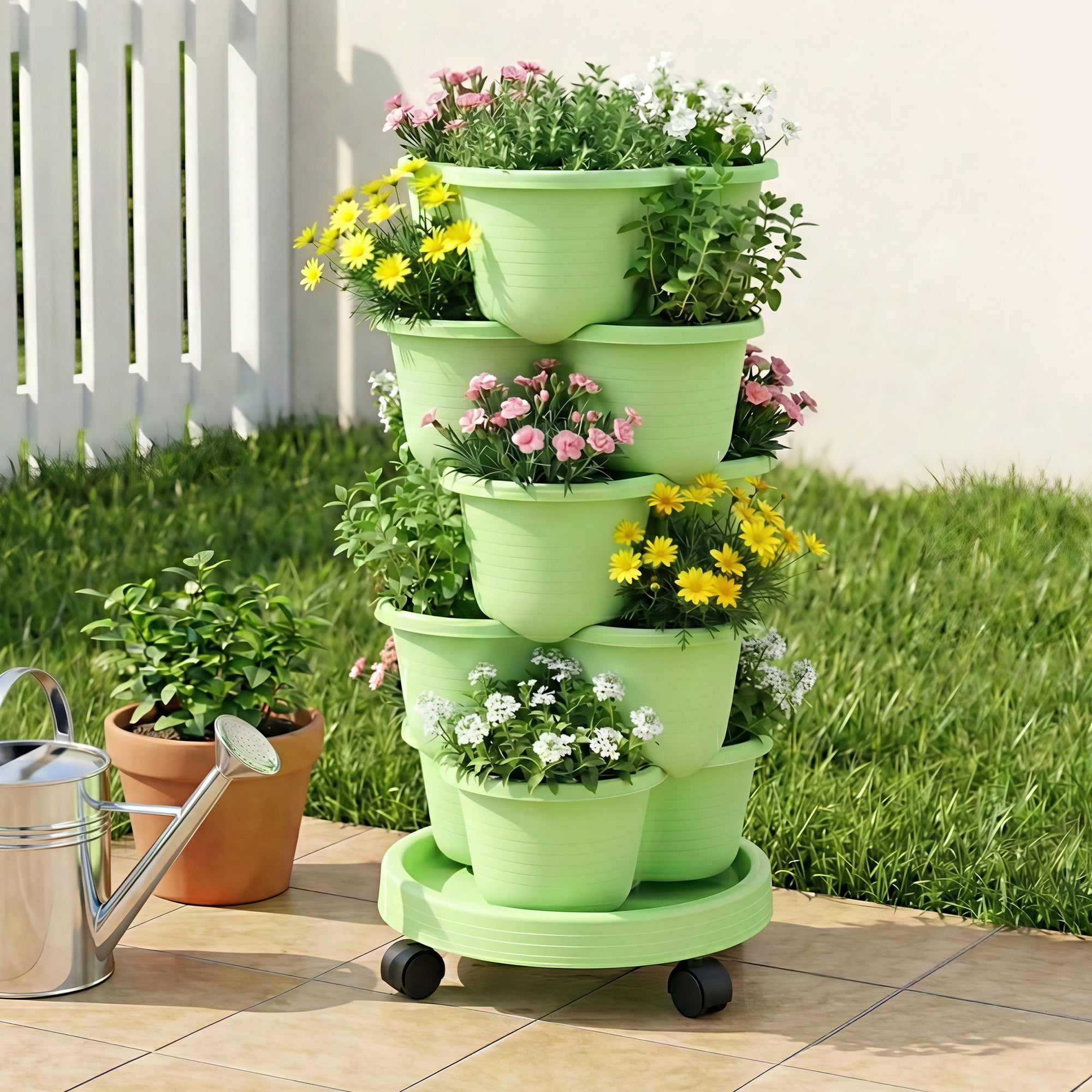 Green Fingers 5 Tier Vertical Garden Planter, Stackable Planters with Wheels, Light Green, Garden Bed, Garden Tower Indoor Outdoor, Auto Drainage System, for Strawberries, Herbs, Flowers, Vegetables Main image