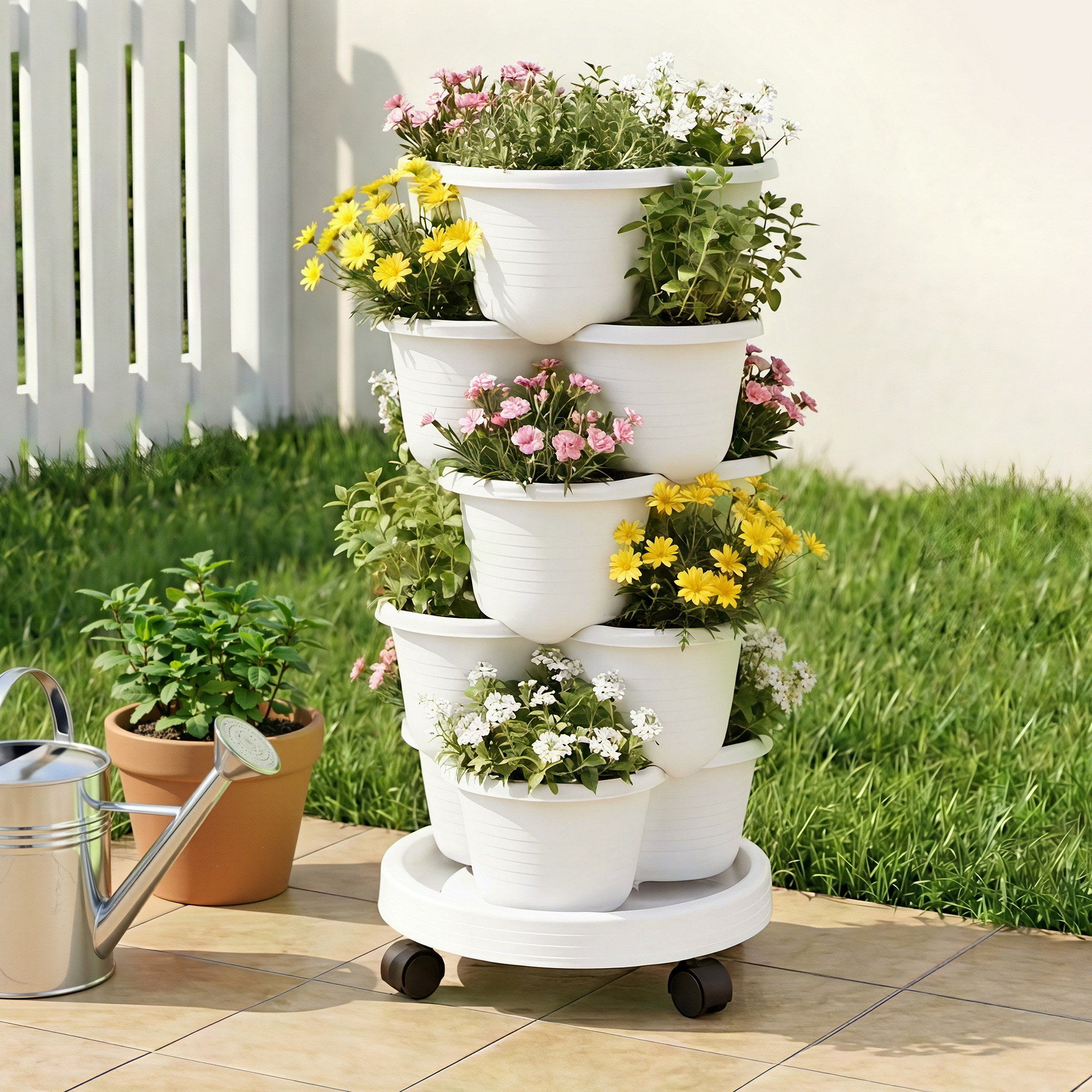 Green Fingers 5 Tier Vertical Garden Planter, Stackable Planters with Wheels, White, Garden Bed, Garden Tower Indoor Outdoor, Auto Drainage System, for Strawberries, Herbs, Flowers, Vegetables Main image