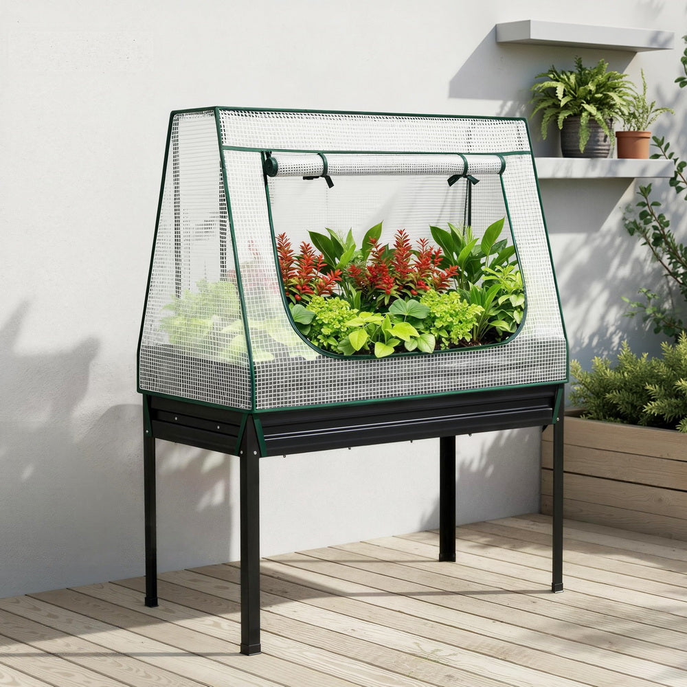 Green Fingers Elevated Metal Garden Bed Kit w Mini Greenhouse Cover 116x60cm Stand-Up Height Trellis Main image