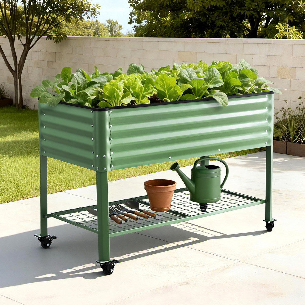 Green Fingers Elevated Raised Garden Bed Kit Mobile w/ Locking Wheels & Storage Shelf 100KG Max Load 115x60x81cm | Galvanized Steel, Portable Green Organizer for Seniors, Patio, Balcony, Vegetables Main image