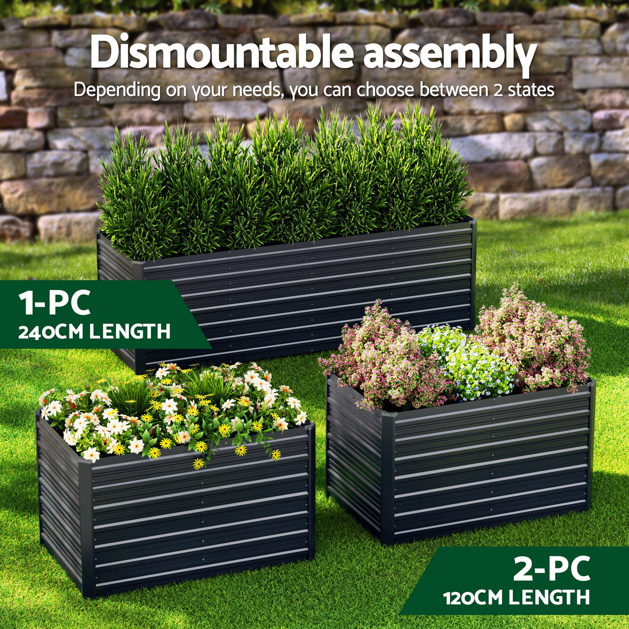 Green Fingers 2-in-1 Raised Garden Bed Kit, 320cm/160cm| 77cm Extra Deep Ergonomic Planter Box | Protect Your Back | Galvanised Steel Vegetable Flower Pot for Outdoor Garden | Includes Gloves & Pegs