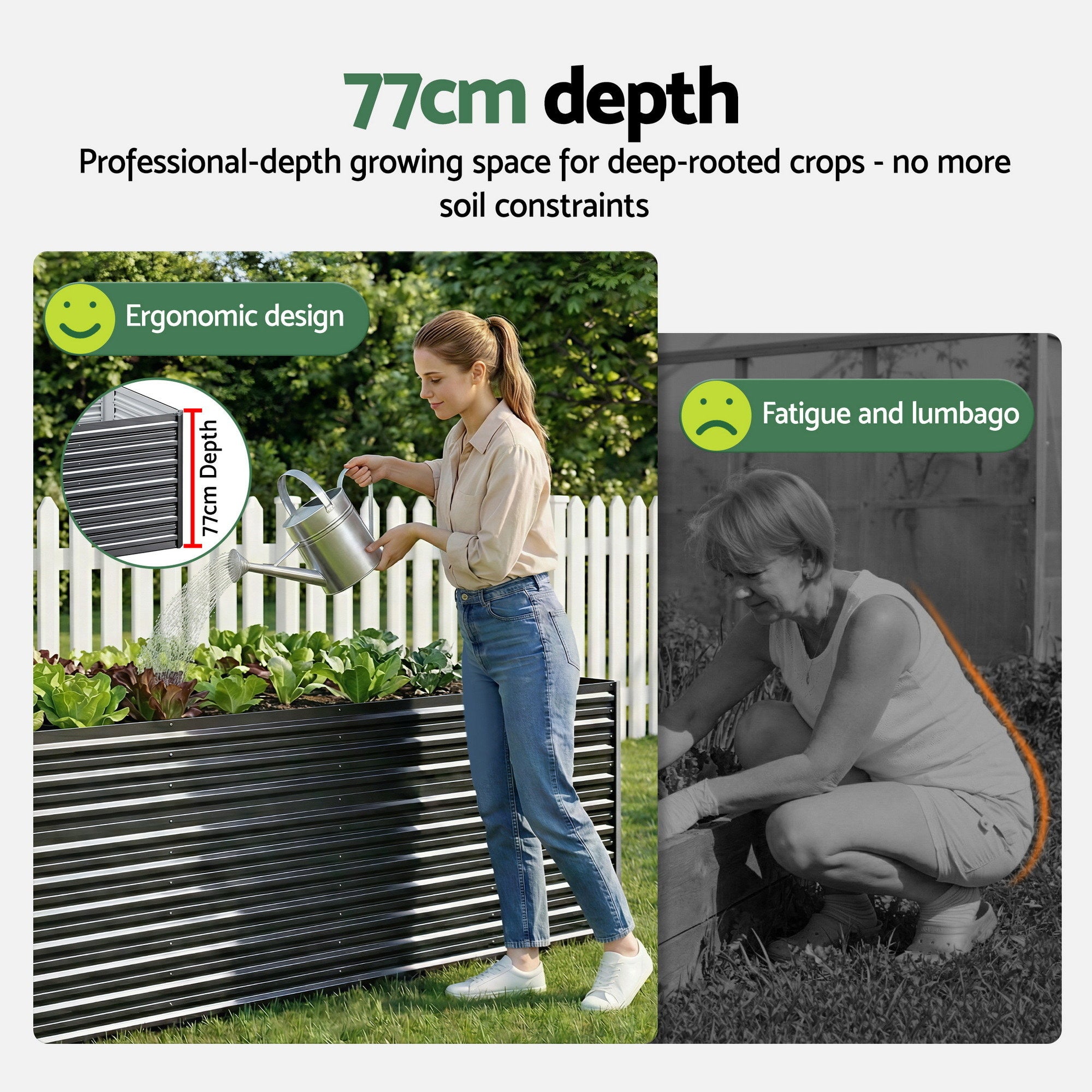 Green Fingers 2-in-1 Raised Garden Bed Kit, 320cm/160cm| 77cm Extra Deep Ergonomic Planter Box | Protect Your Back | Galvanised Steel Vegetable Flower Pot for Outdoor Garden | Includes Gloves & Pegs