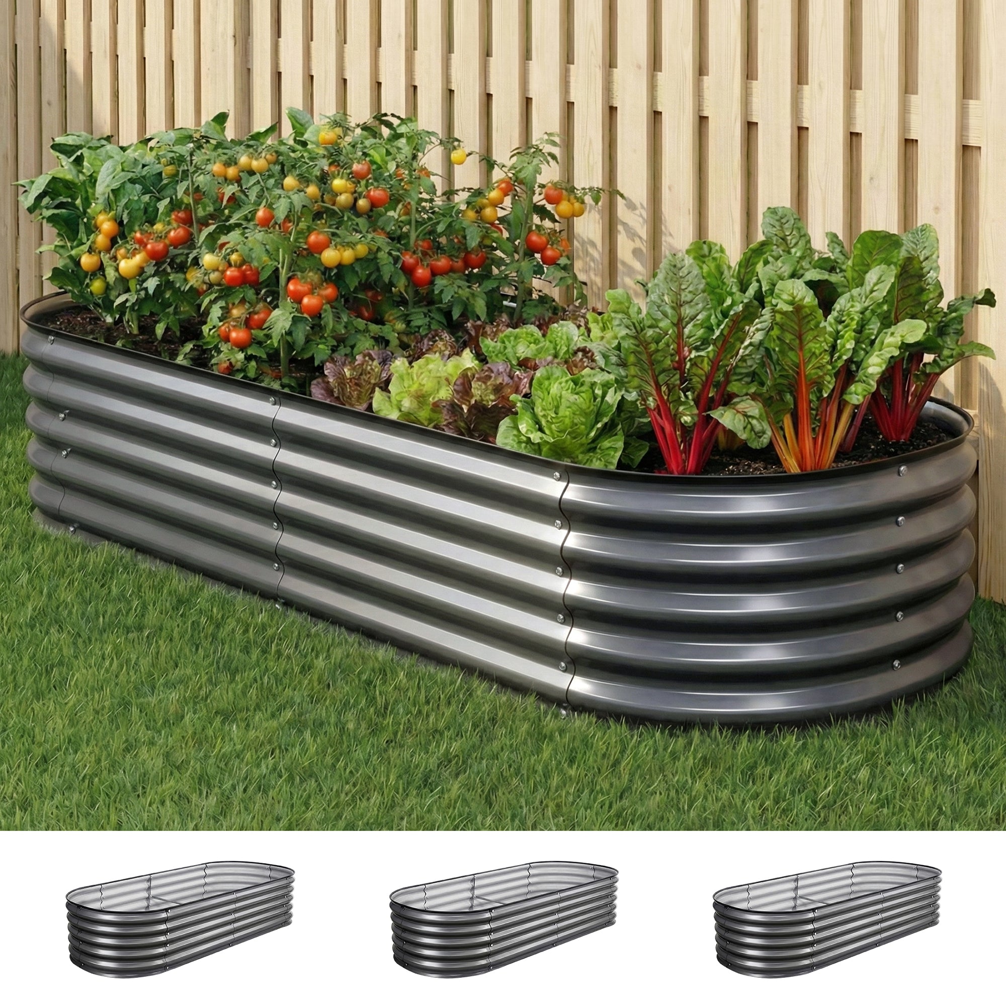 Green Fingers 3 Pcs Raised Garden Bed Kit Oval Galvanized Steel Planter Boxes 160x80x42cm, Heavy Duty Metal Elevated Garden Bed for Vegetables Flowers Herbs, with Safety Edging, Gloves & Pegs Included Main image